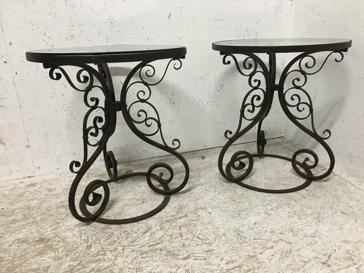 English A Pair of Arts & Crafts Hand Formed Wrought Iron Side Tables with Scroll Details For Sale