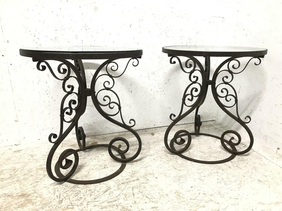 Hand-Crafted A Pair of Arts & Crafts Hand Formed Wrought Iron Side Tables with Scroll Details For Sale