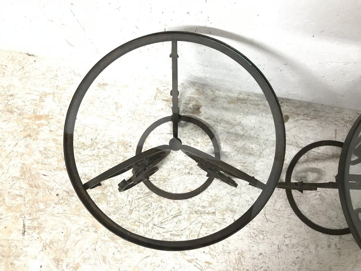 A Pair of Arts & Crafts Hand Formed Wrought Iron Side Tables with Scroll Details In Good Condition For Sale In London, GB