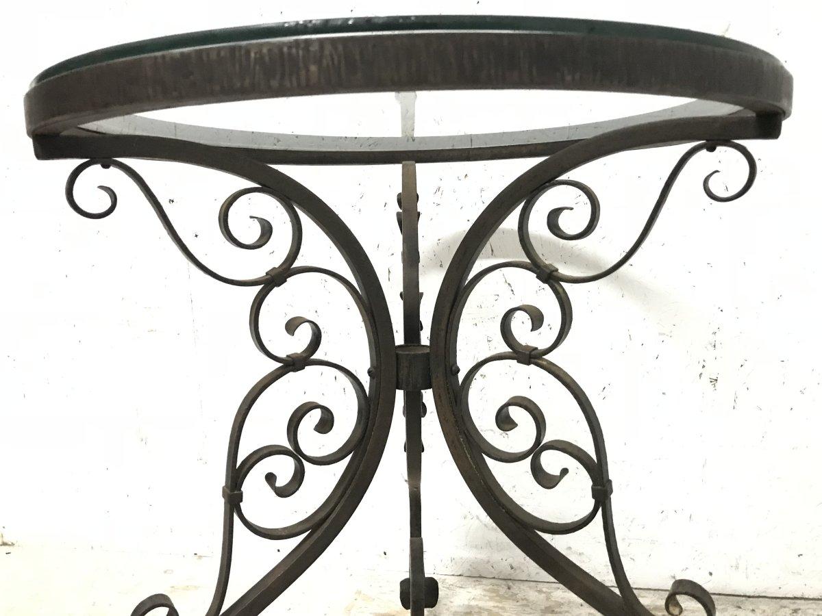 Mid-20th Century A Pair of Arts & Crafts Hand Formed Wrought Iron Side Tables with Scroll Details For Sale