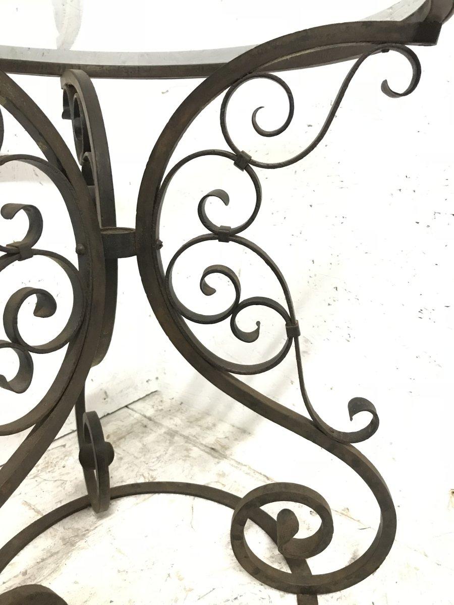 Glass A Pair of Arts & Crafts Hand Formed Wrought Iron Side Tables with Scroll Details For Sale