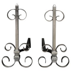 Pair of Arts & Crafts Style Steel Firedogs with Scrollwork