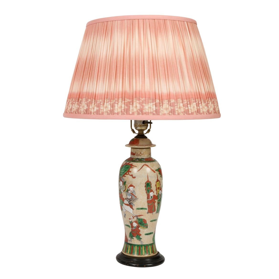 Chinoiserie Pair of Asian Green and Coral Lamps