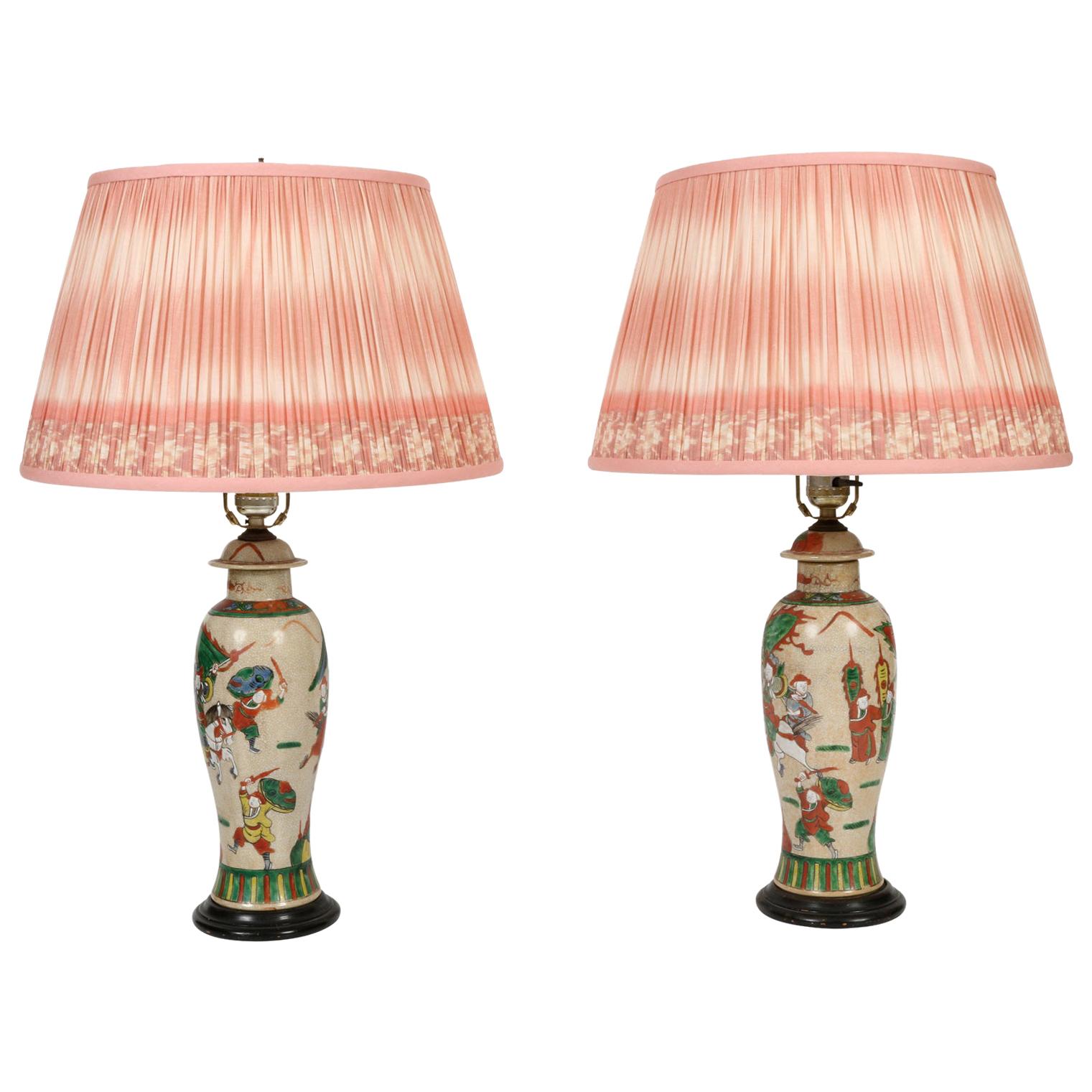 Pair of Asian Green and Coral Lamps