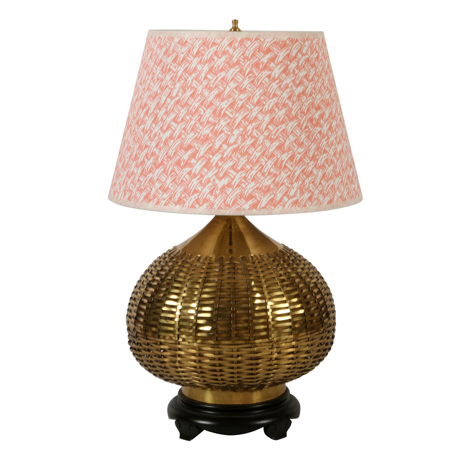 A pair of Asian Style round brass basket weave table lamps on ebonized base. Basket height is 12