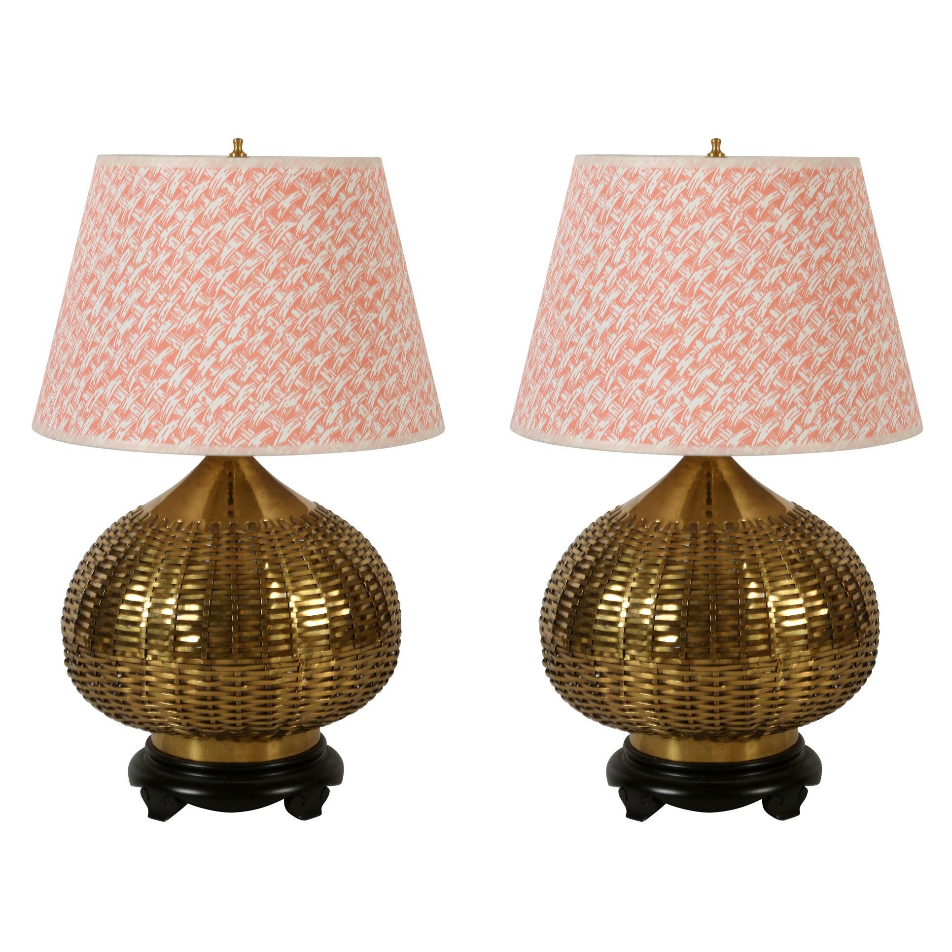 Pair of Asian Style Brass Woven Table Lamps