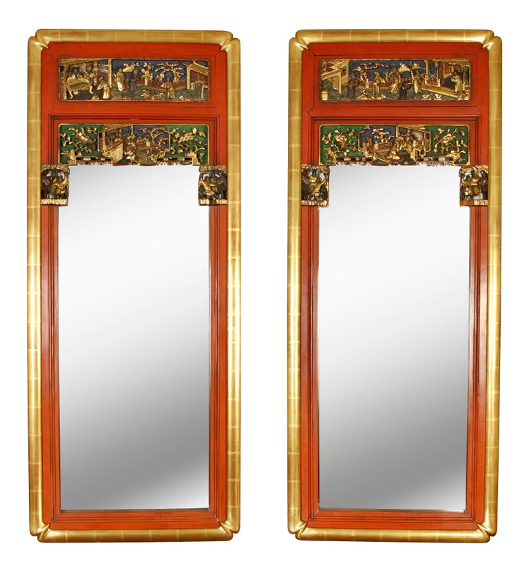 Pair of Asian Style Gilt Lacquered and Carved Mirrors at 1stDibs