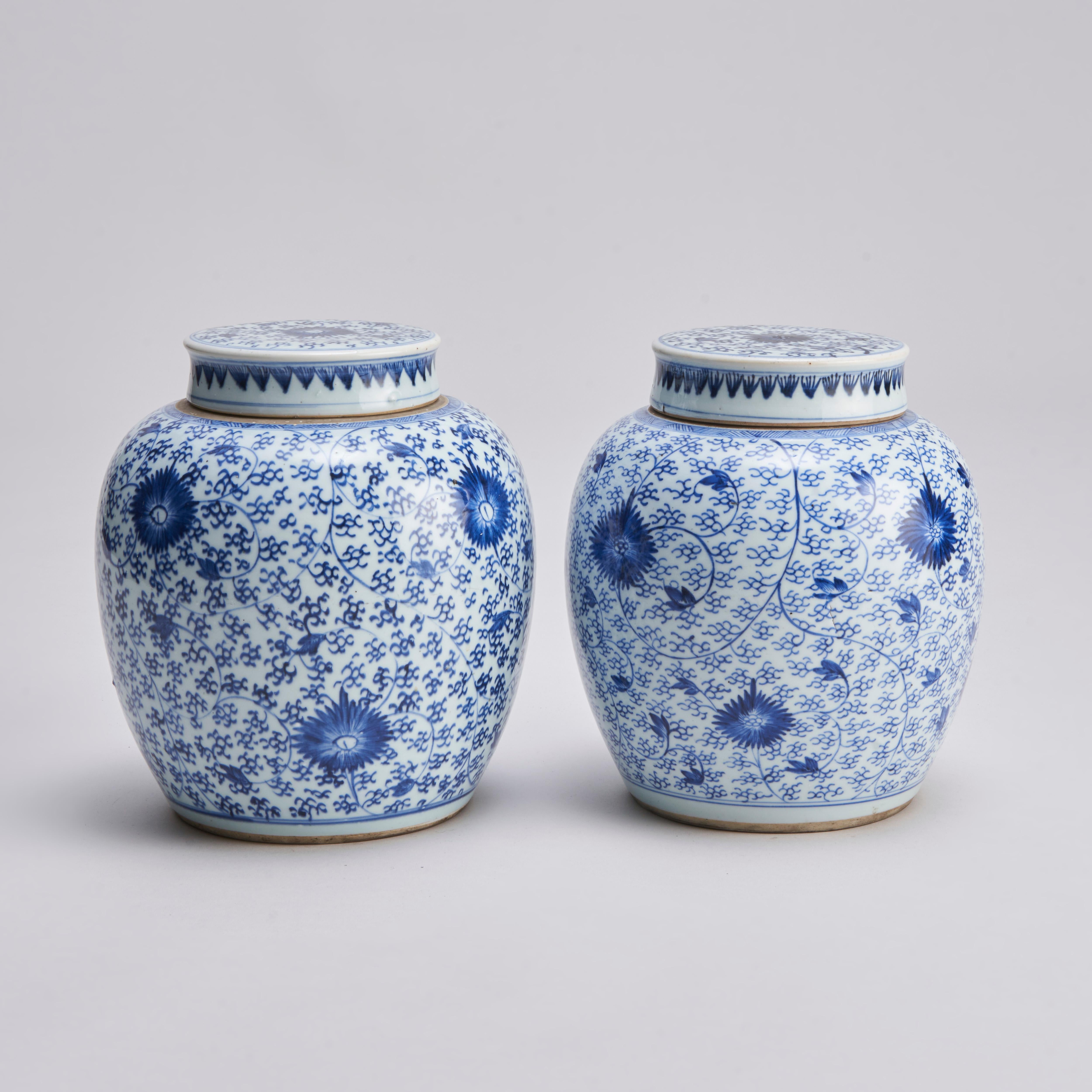 From our collection of antique Chinese porcelain, this attractive pair of 18th Century (Kang Hsi) ginger jars with original porcelain covers.

The jars decorated with abstract clematis design.

Offered in good condition. Please don’t hesitate to