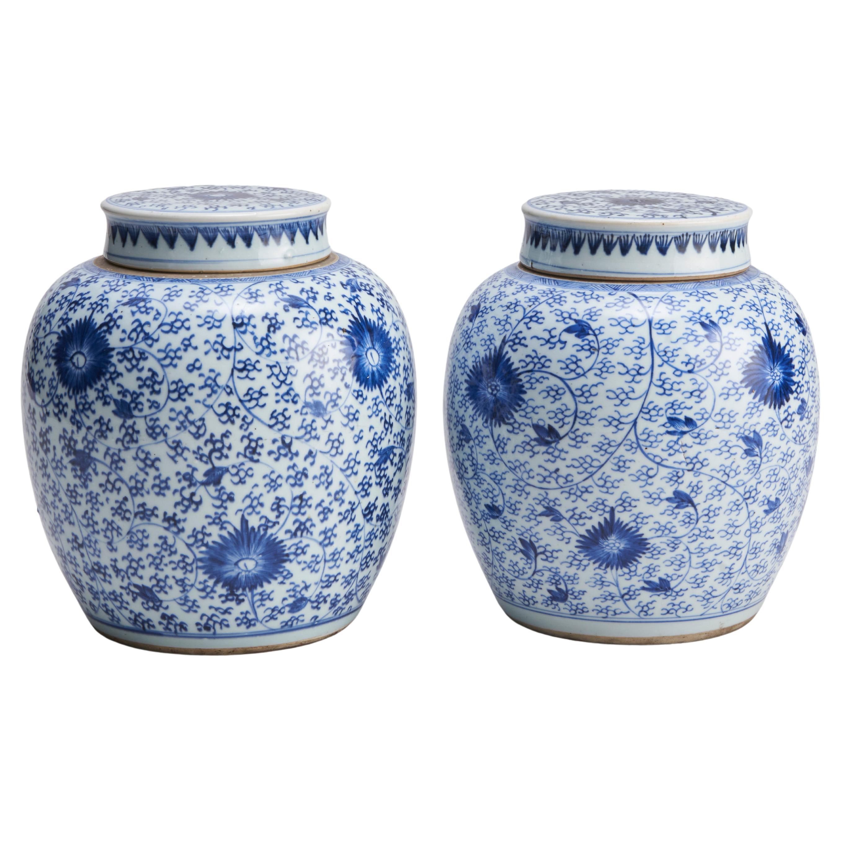 A pair of attractive, 18th C Chinese porcelain blue and white jars and covers For Sale