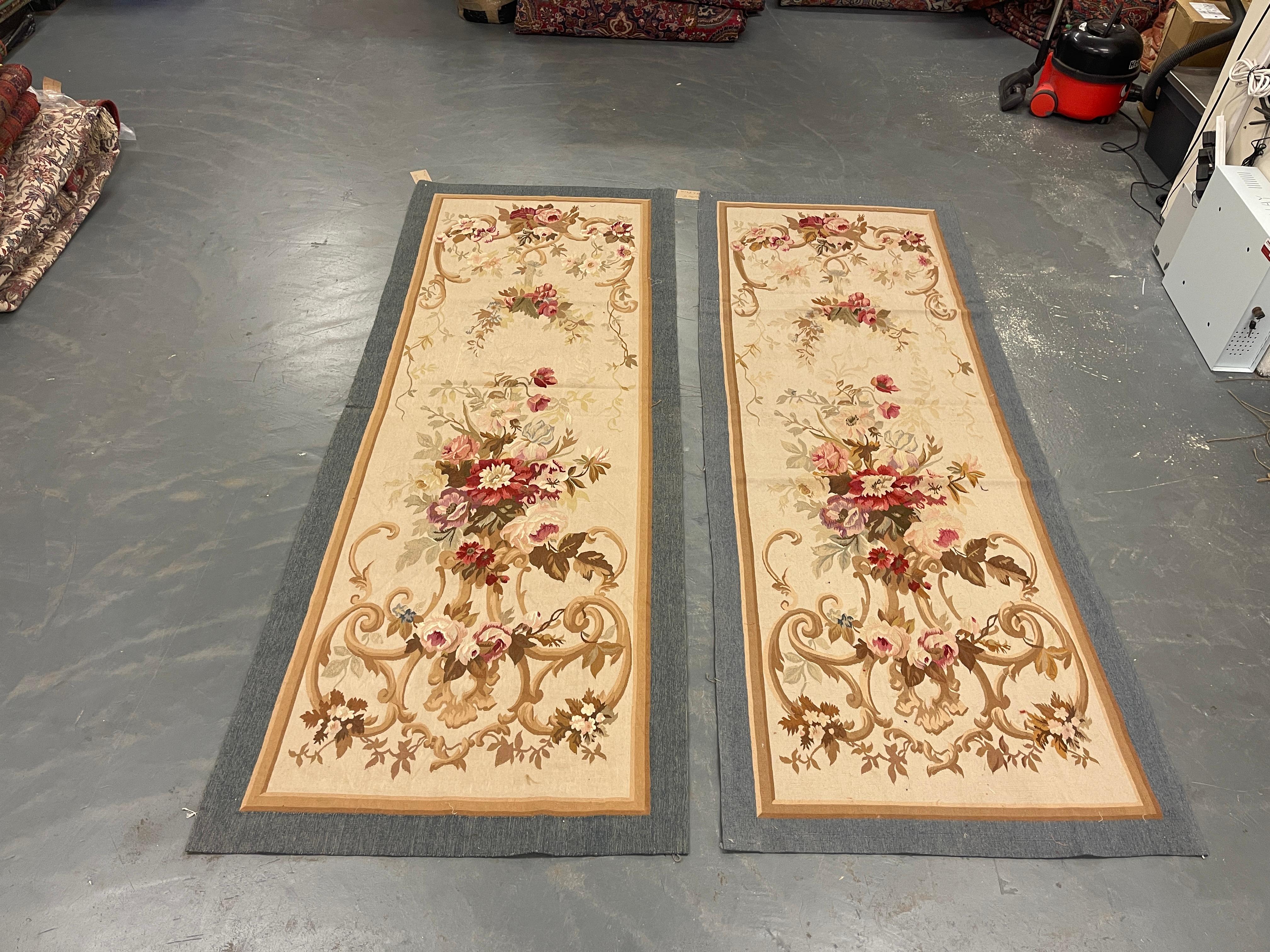 A Pair of Aubusson Runner Rug Handwoven Carpet Floral Stair Runner Home Decor For Sale 2