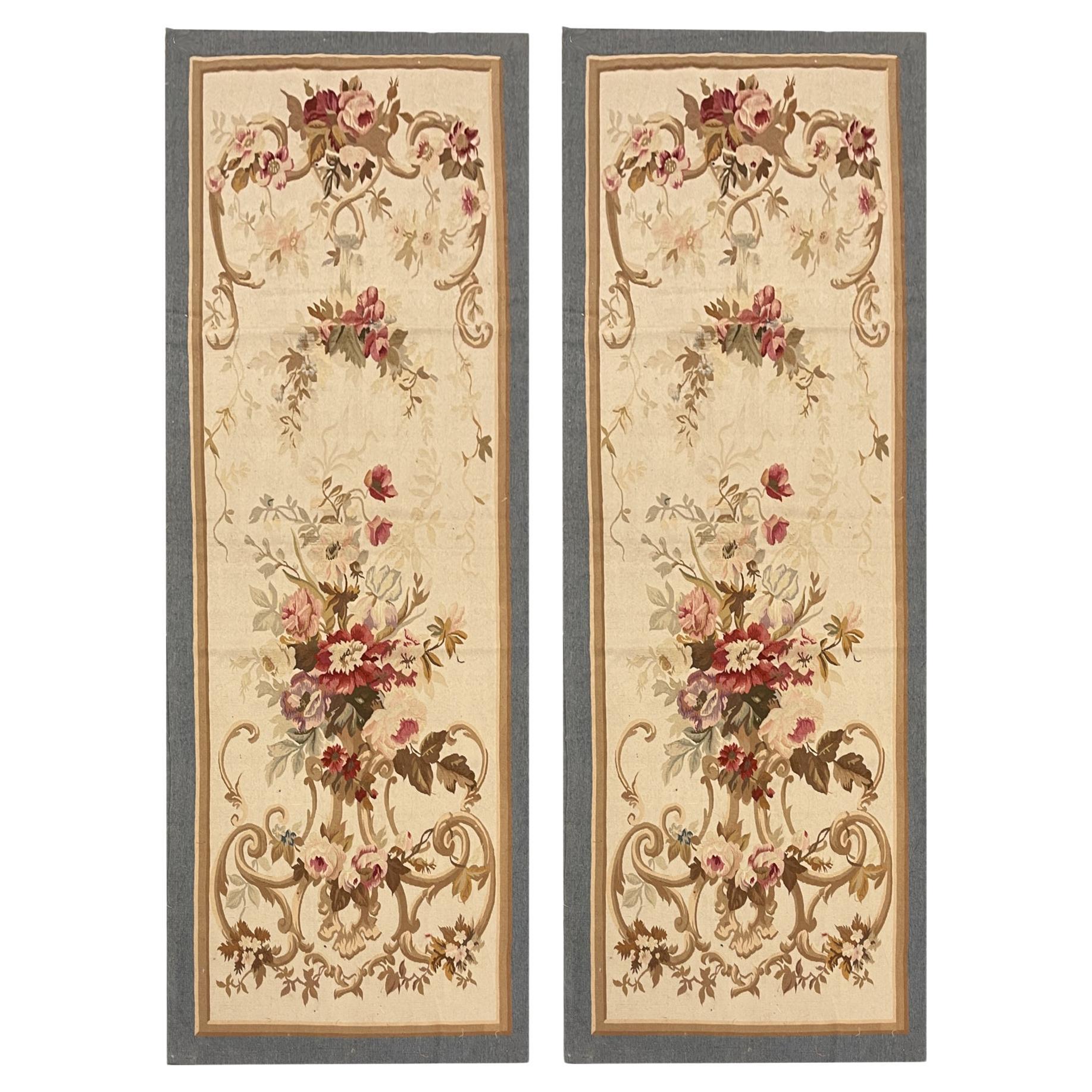 A Pair of Aubusson Runner Rug Handwoven Carpet Floral Stair Runner Home Decor For Sale