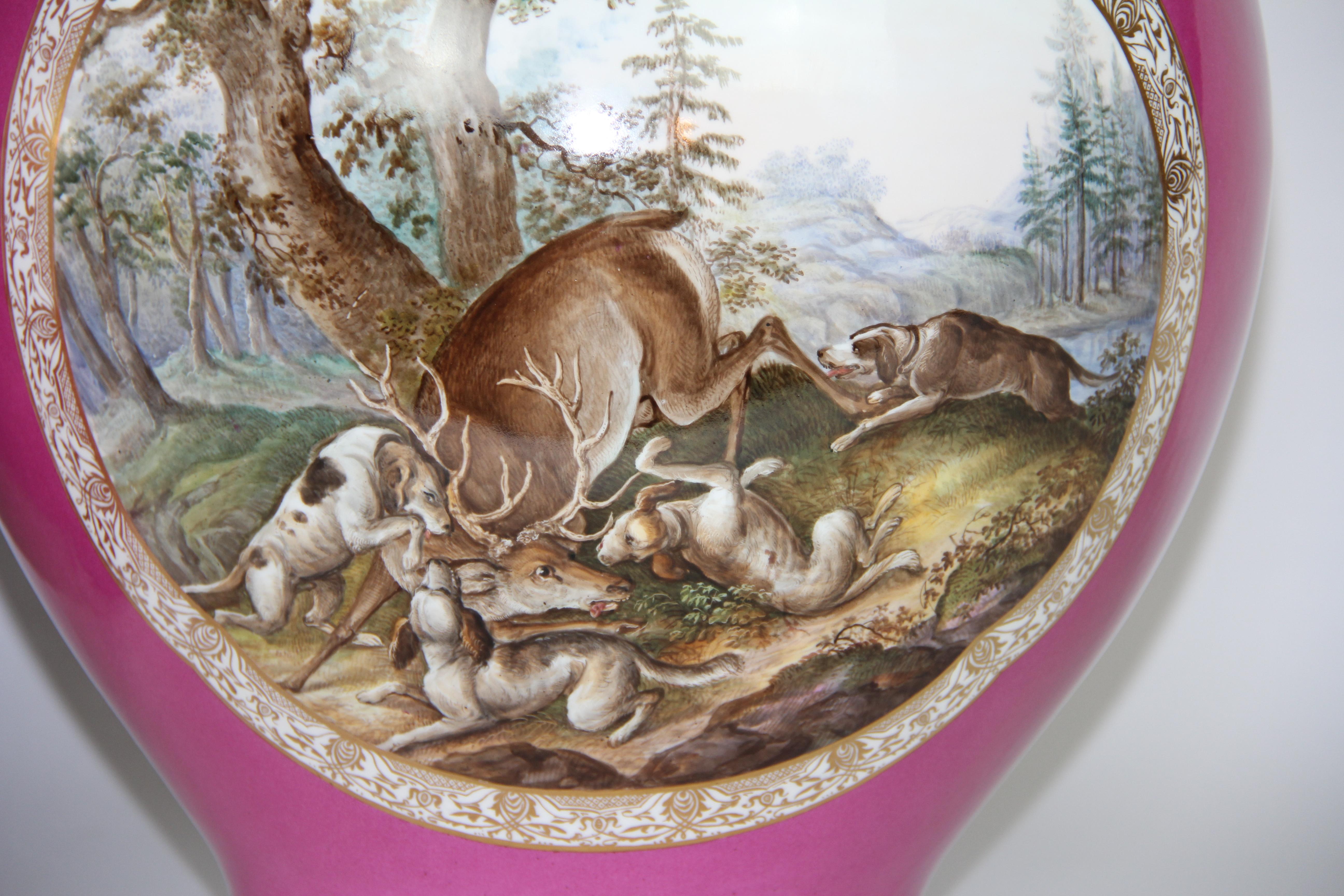 Pair of Augustus Rex Meissen Porcelain Pink Ground Hunting Scene Covered Vases For Sale 2