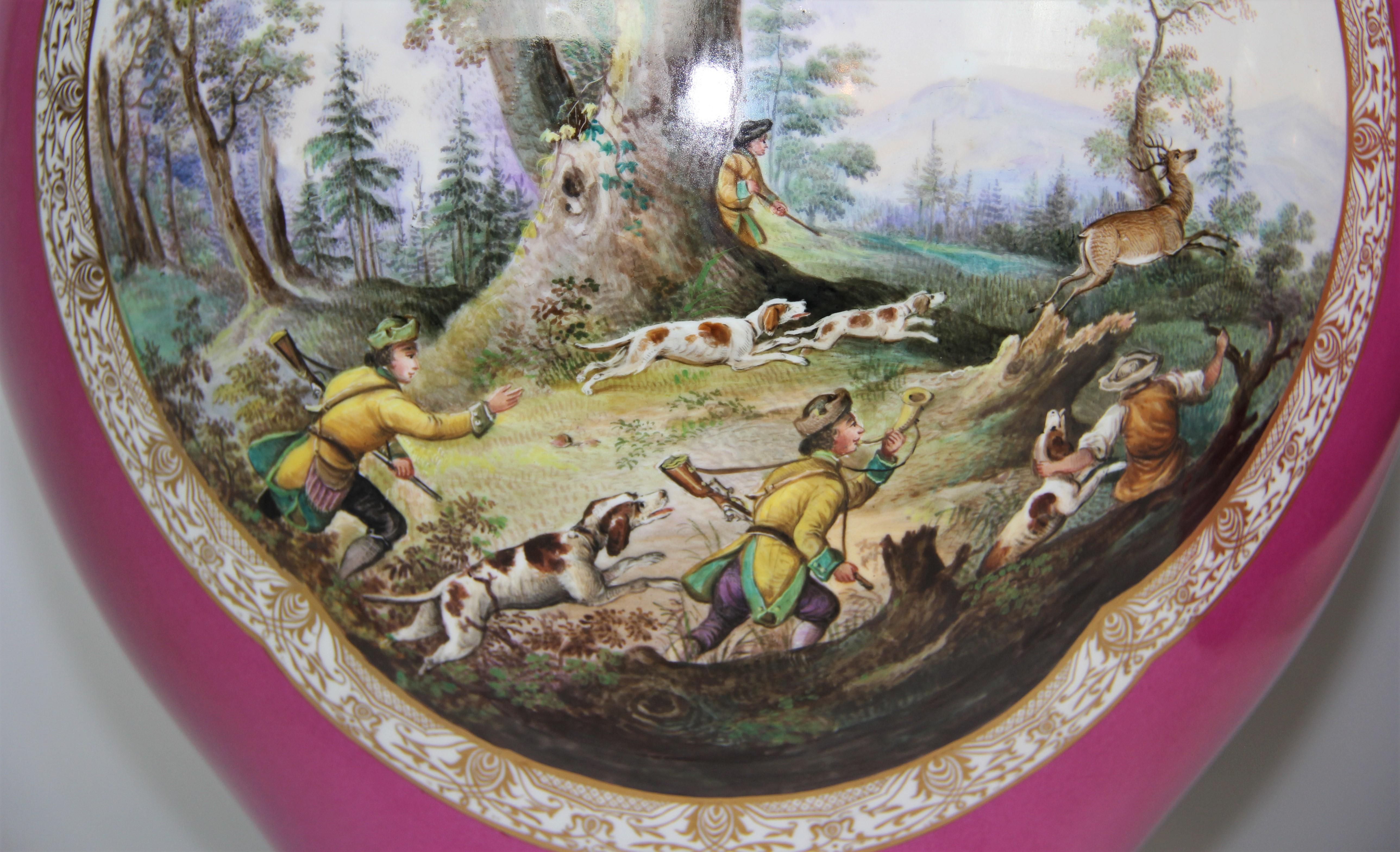 Pair of Augustus Rex Meissen Porcelain Pink Ground Hunting Scene Covered Vases For Sale 3