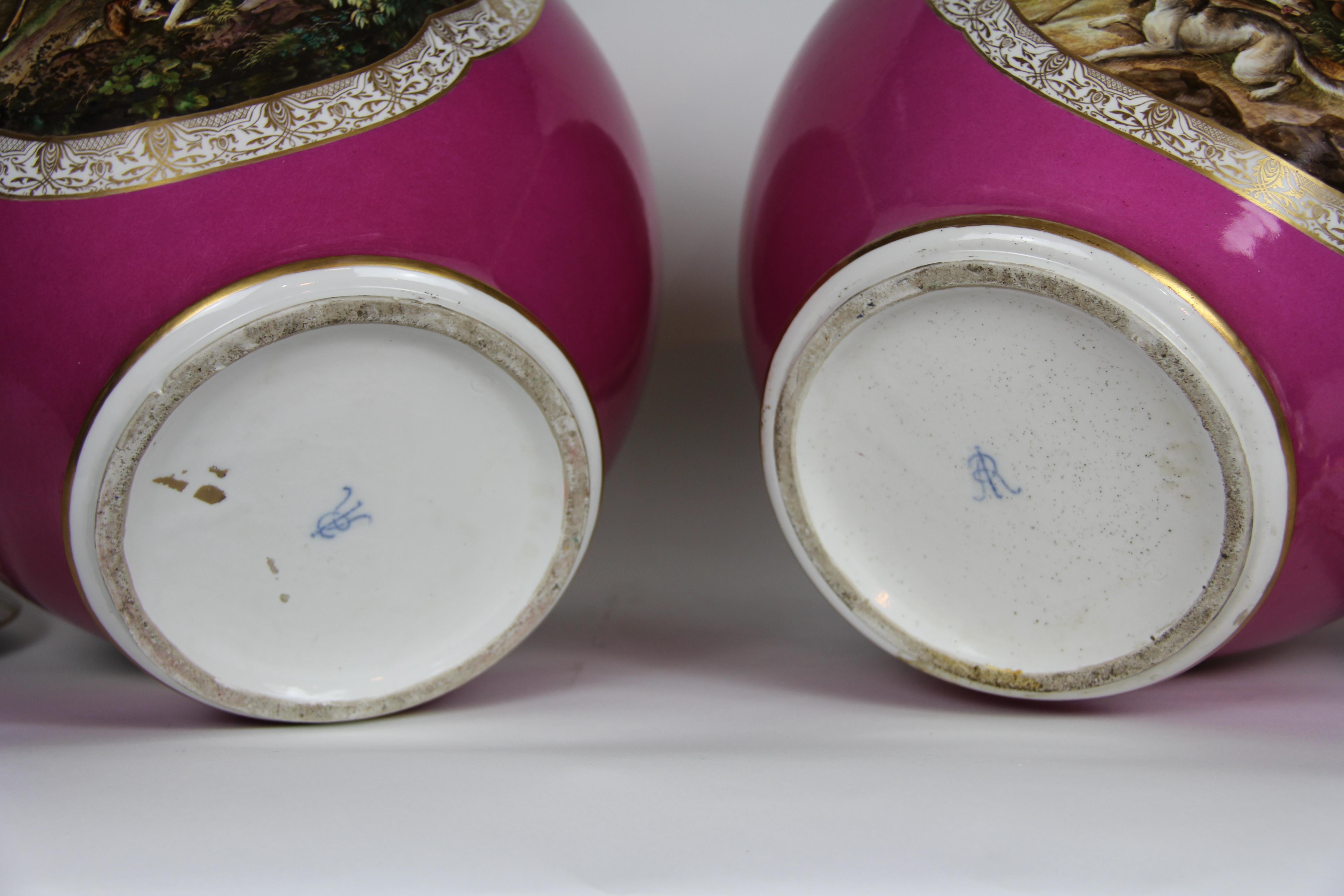 Pair of Augustus Rex Meissen Porcelain Pink Ground Hunting Scene Covered Vases For Sale 8