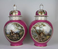 Pair of Augustus Rex Meissen Porcelain Pink Ground Hunting Scene Covered Vases
