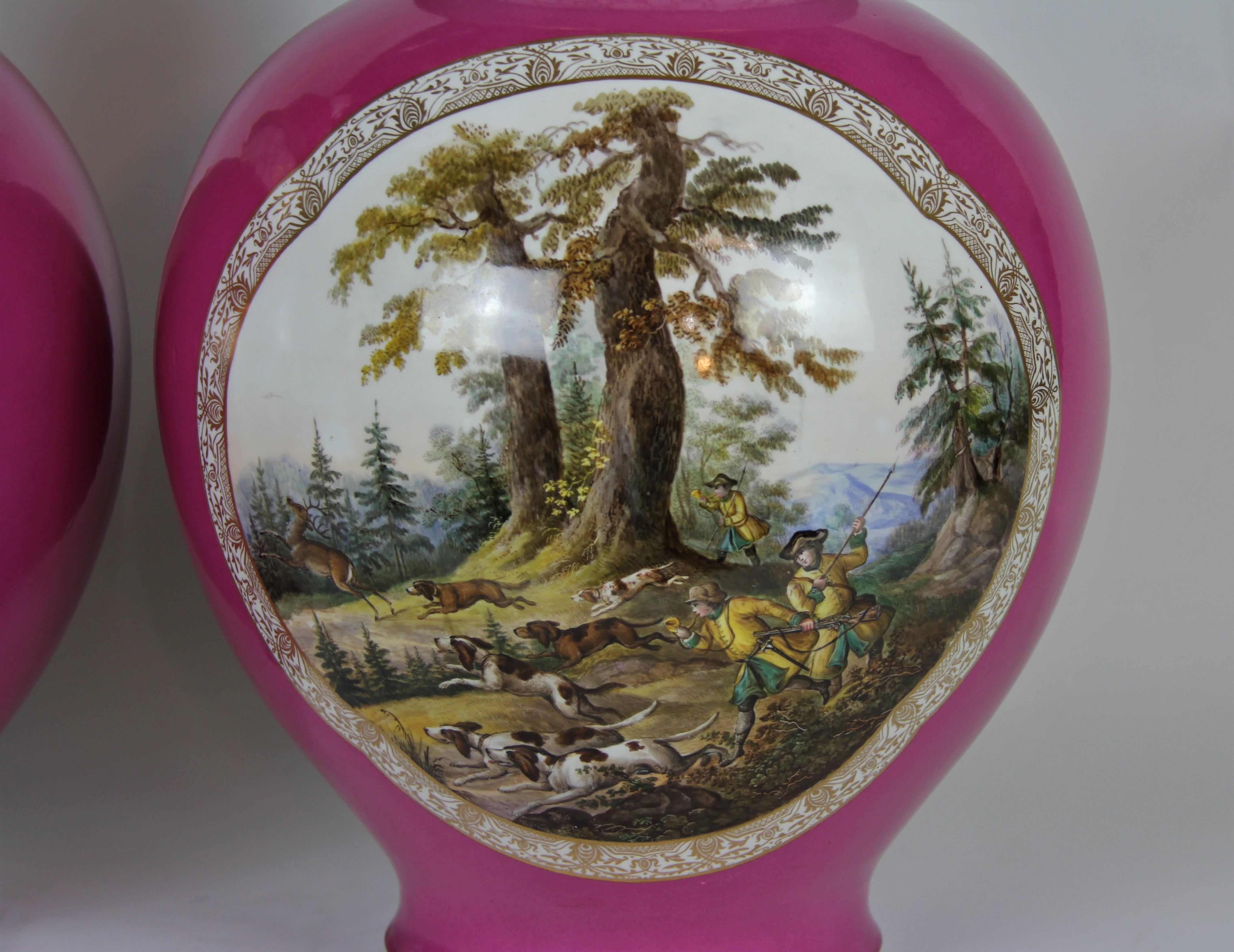 Louis XVI Pair of Augustus Rex Meissen Porcelain Pink Ground Hunting Scene Covered Vases For Sale