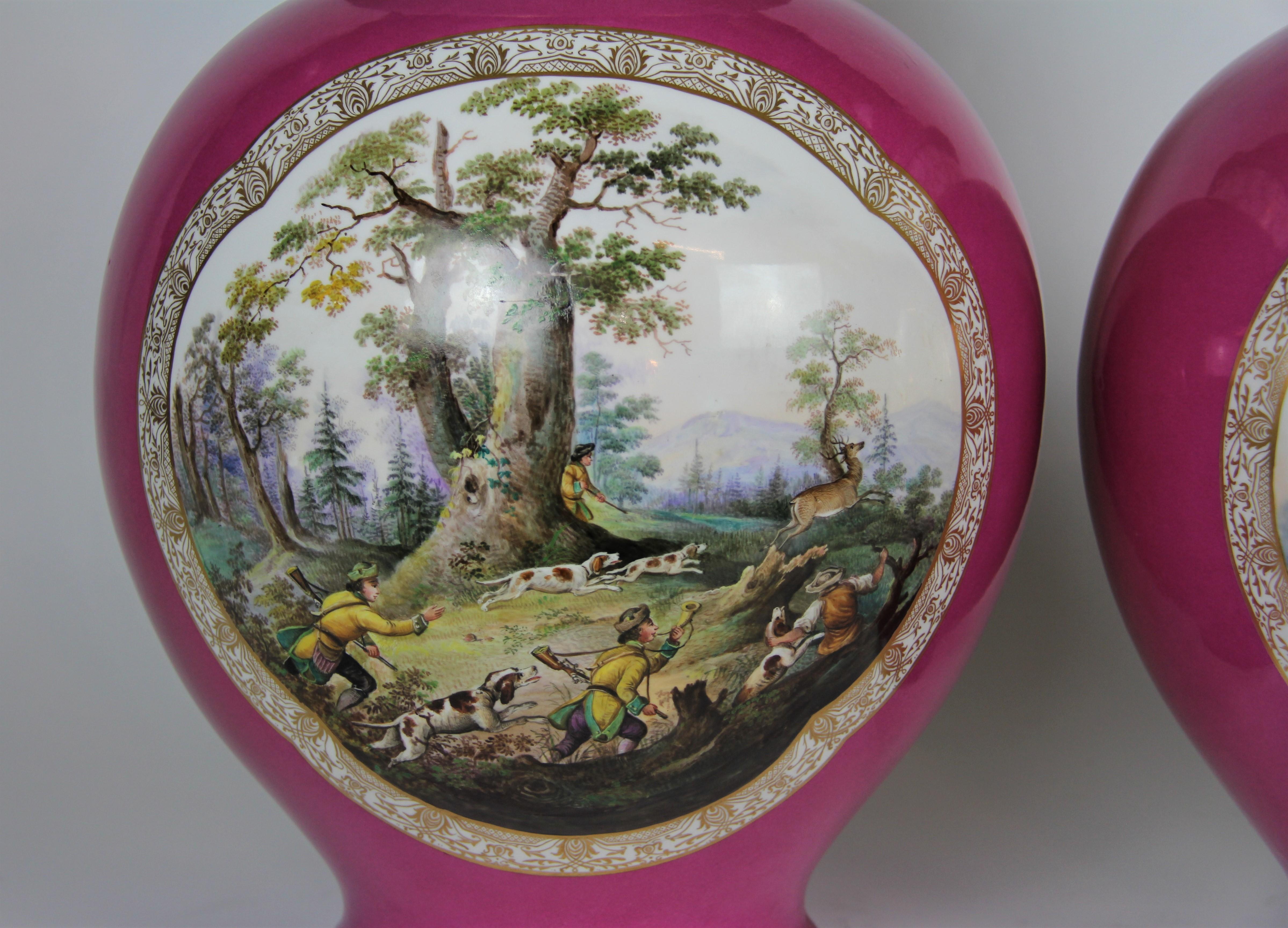 German Pair of Augustus Rex Meissen Porcelain Pink Ground Hunting Scene Covered Vases For Sale