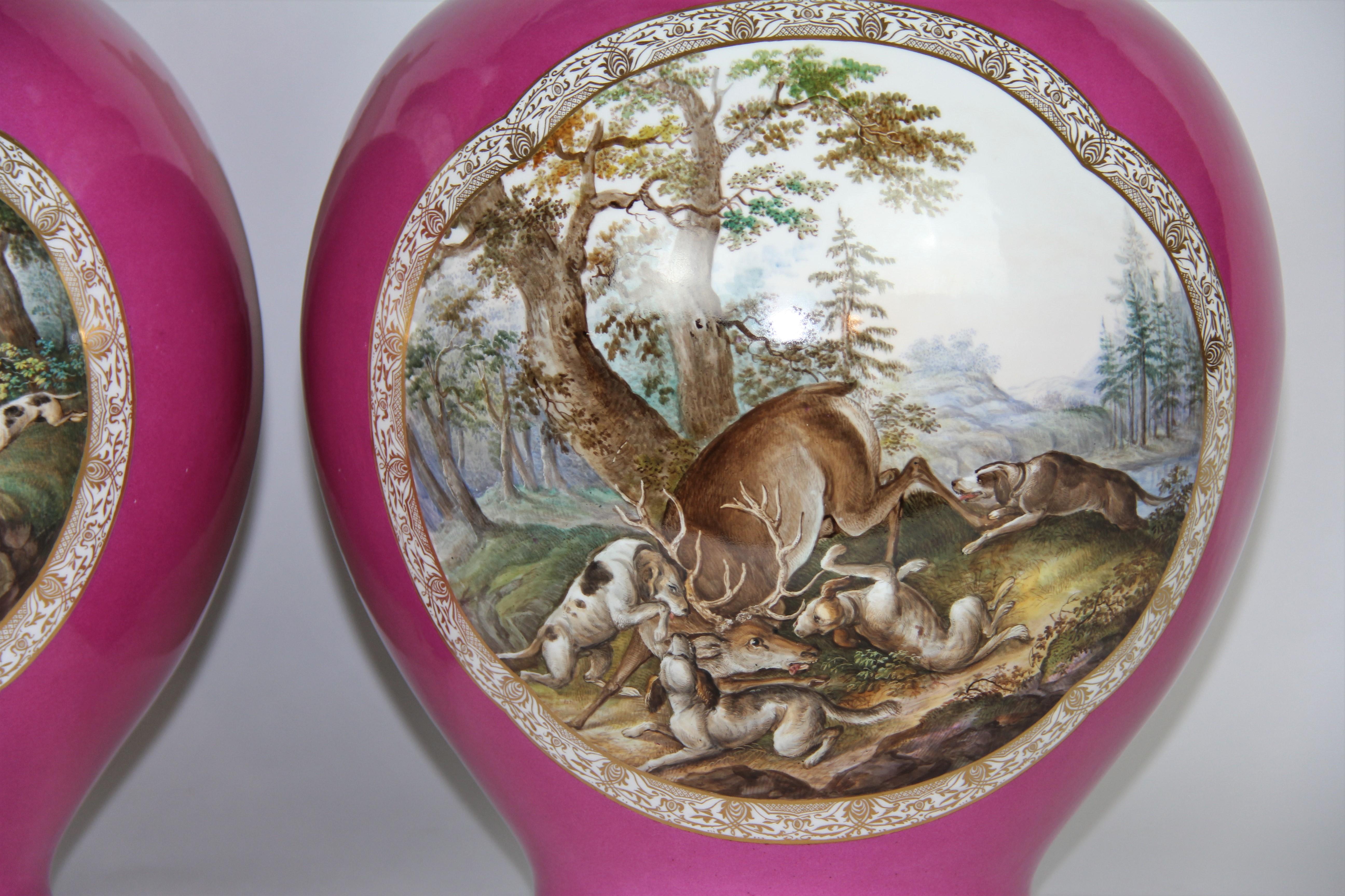 Hand-Painted Pair of Augustus Rex Meissen Porcelain Pink Ground Hunting Scene Covered Vases For Sale