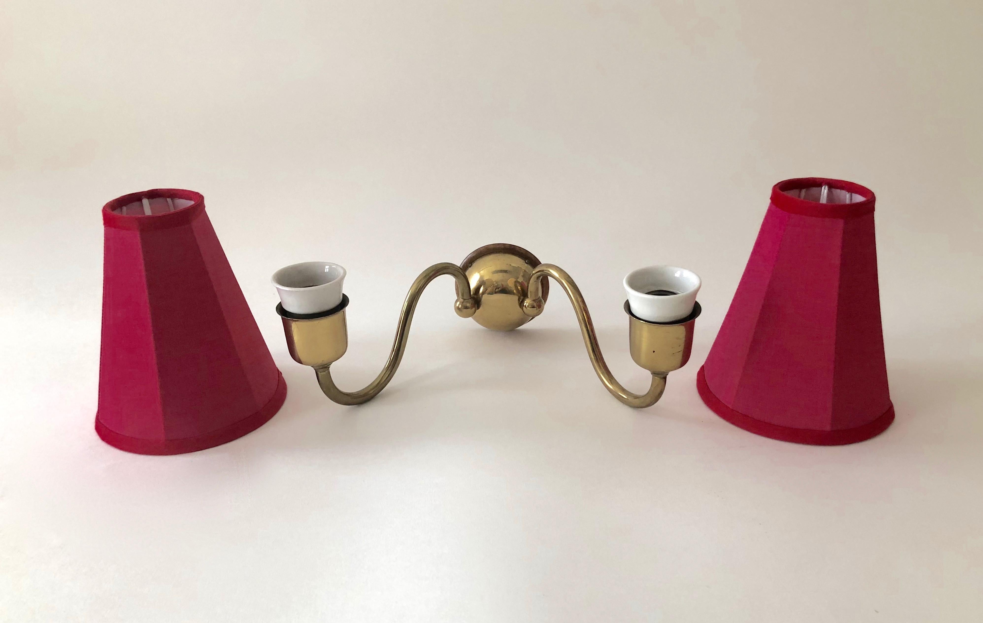 Pair of Austrian Wall Sconces from Josef Frank,  Brass and Coral Silk Shades 3