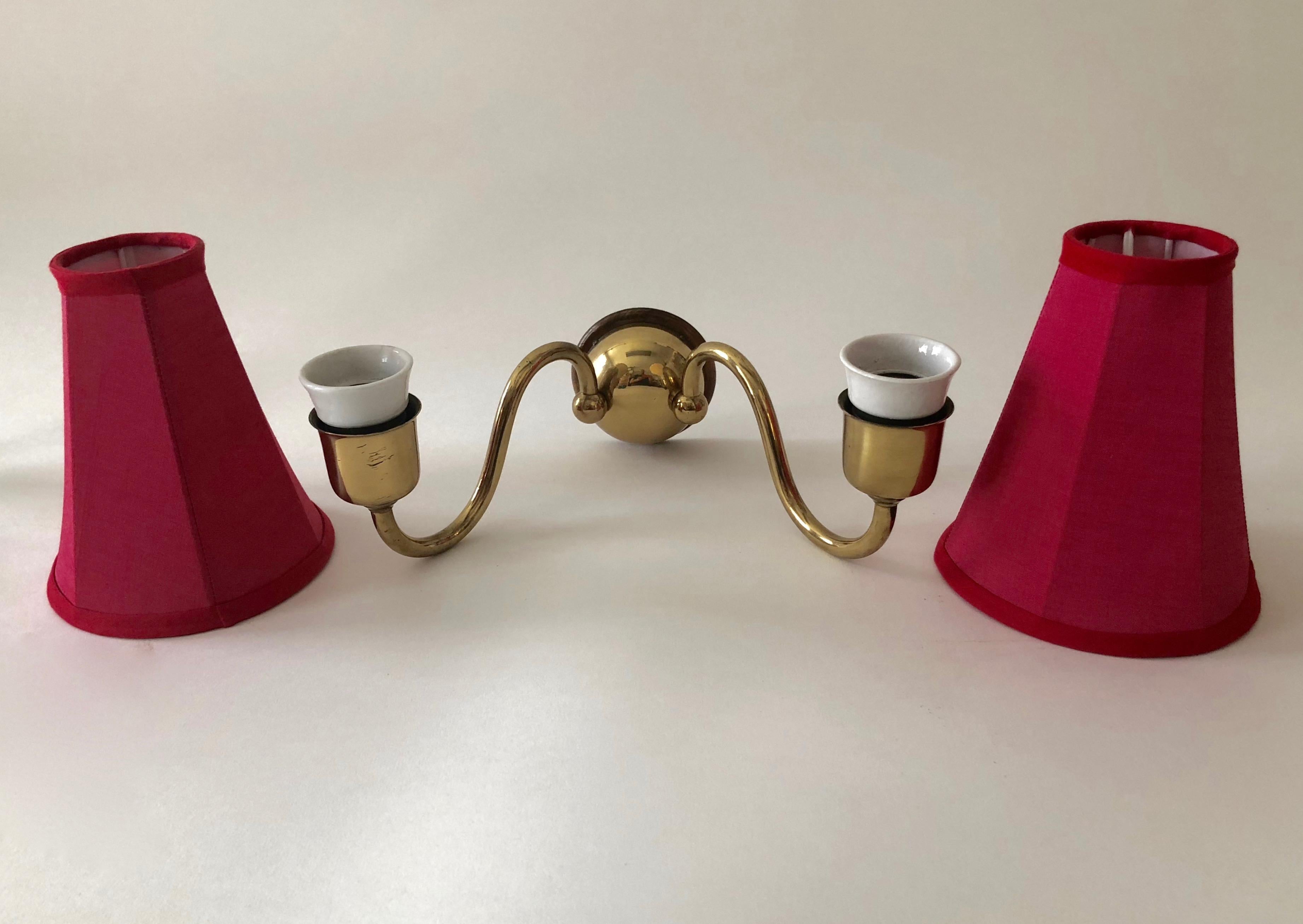 Other Pair of Austrian Wall Sconces from Josef Frank,  Brass and Coral Silk Shades