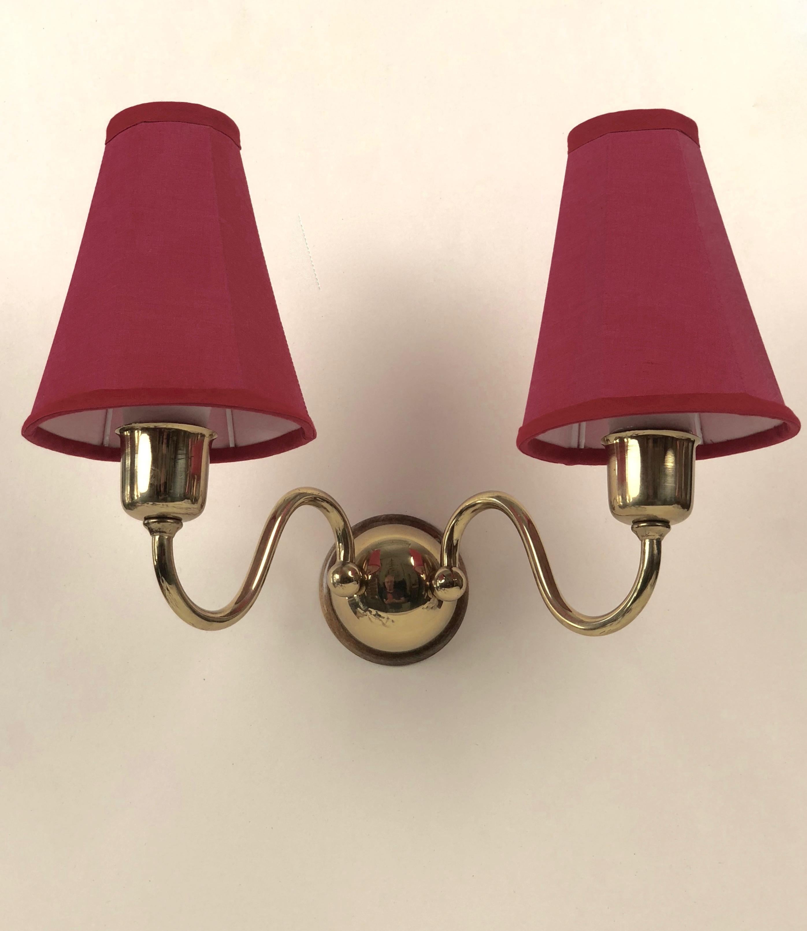 Mid-20th Century Pair of Austrian Wall Sconces from Josef Frank,  Brass and Coral Silk Shades