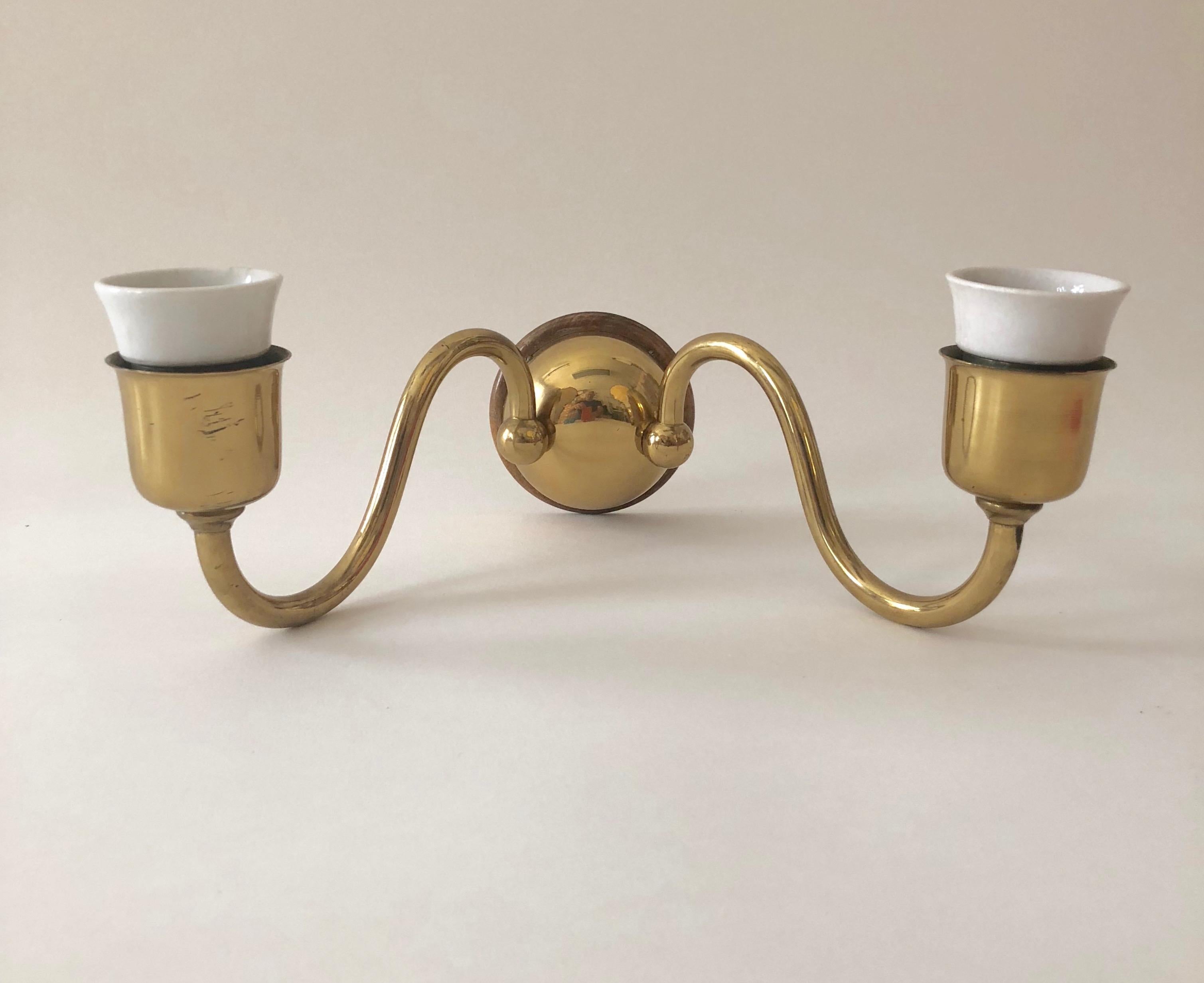 Pair of Austrian Wall Sconces from Josef Frank,  Brass and Coral Silk Shades 1