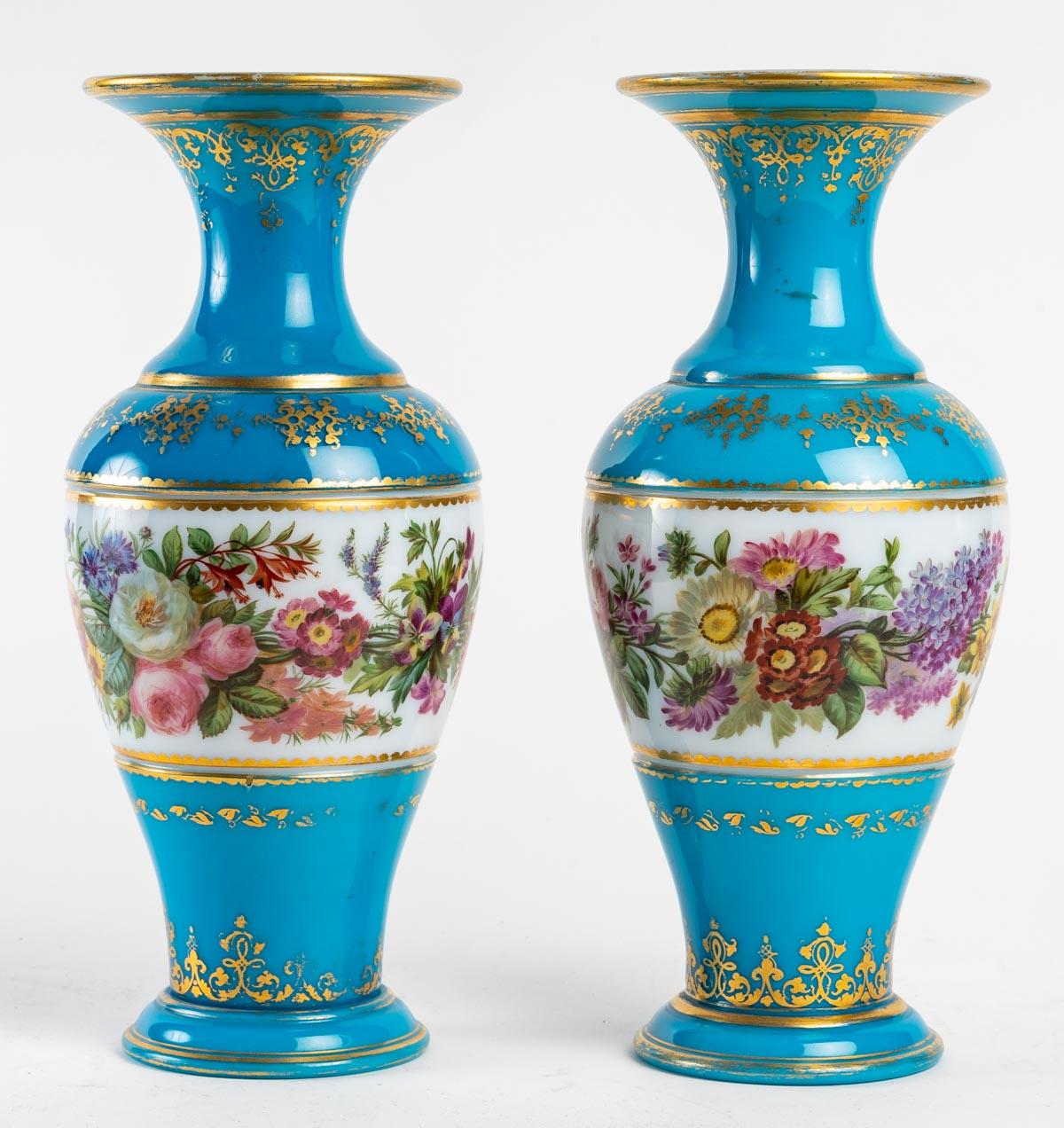 French Pair of Baccarat Opaline Vases For Sale
