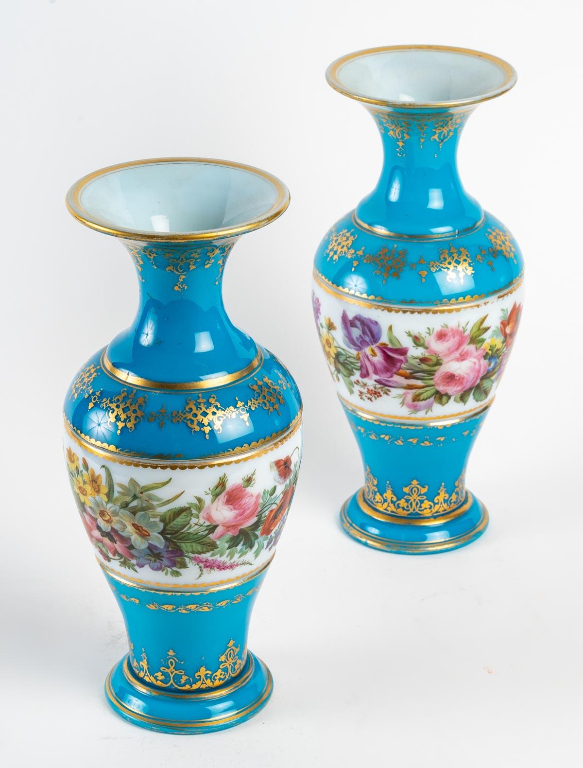 Opaline Glass Pair of Baccarat Opaline Vases For Sale