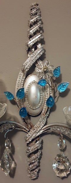 Pair of Baguès-Style Wall-Light Sconces with Murano Glass Crystals