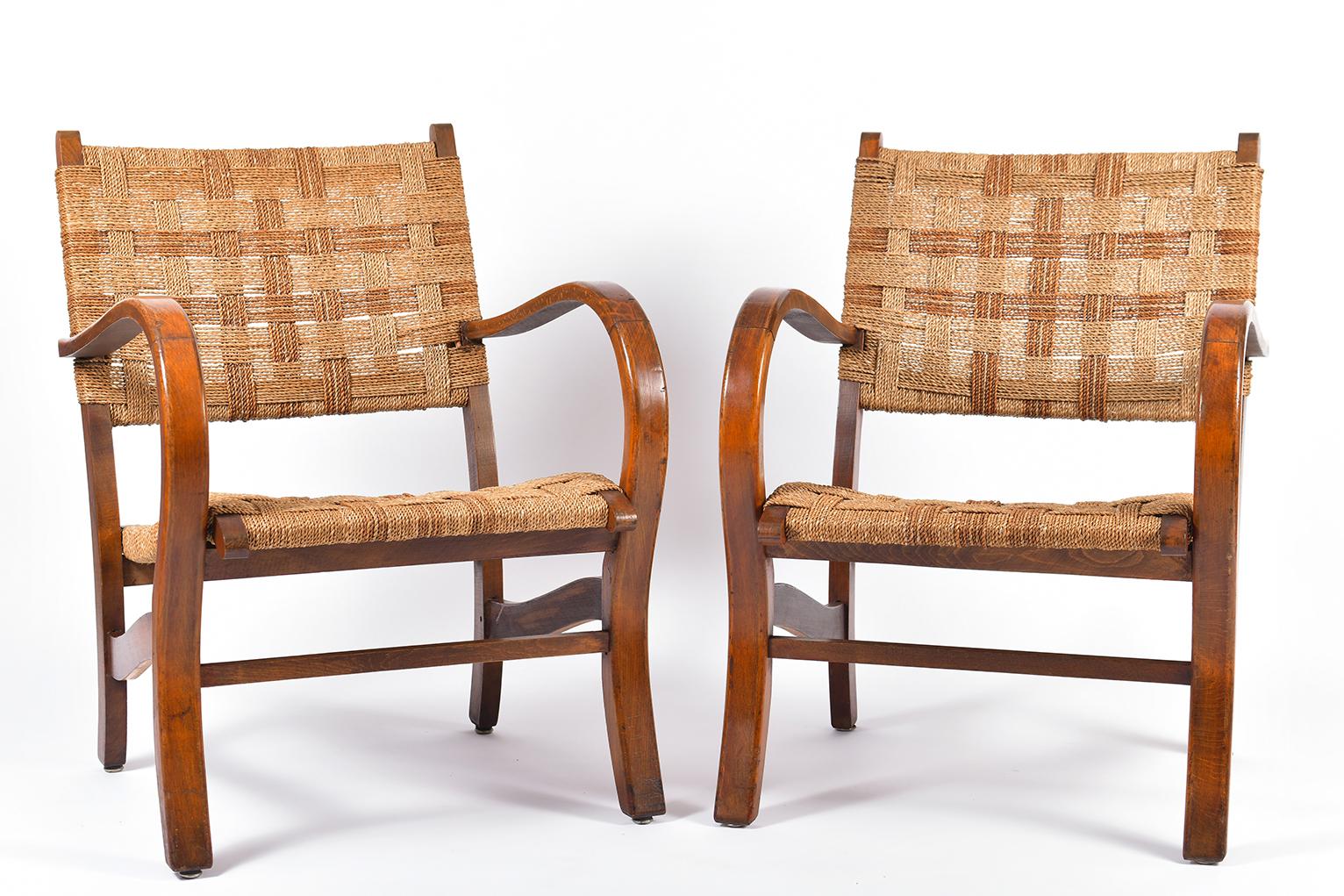 A pair of beechwood and two-tone woven sea grass rope armchairs, by Erich Dieckmann (1896-1944)
circa 1925-1930


Erich Dieckmann was one of the most important Bauhaus furniture designers. From 1918 until 1920 Erich Dieckmann studied