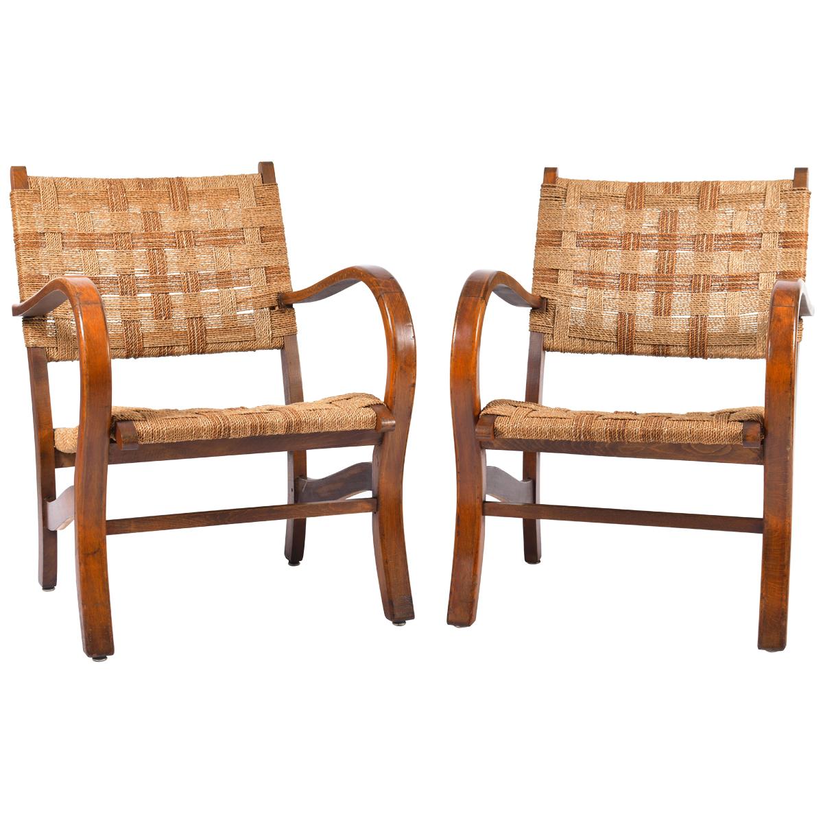 Pair of Bahaus Beech and Rope Armchairs by Erich Dieckmann