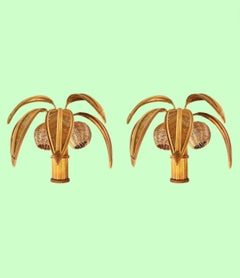A pair of bamboo and rattan palm tree wall lights with two coconut lights