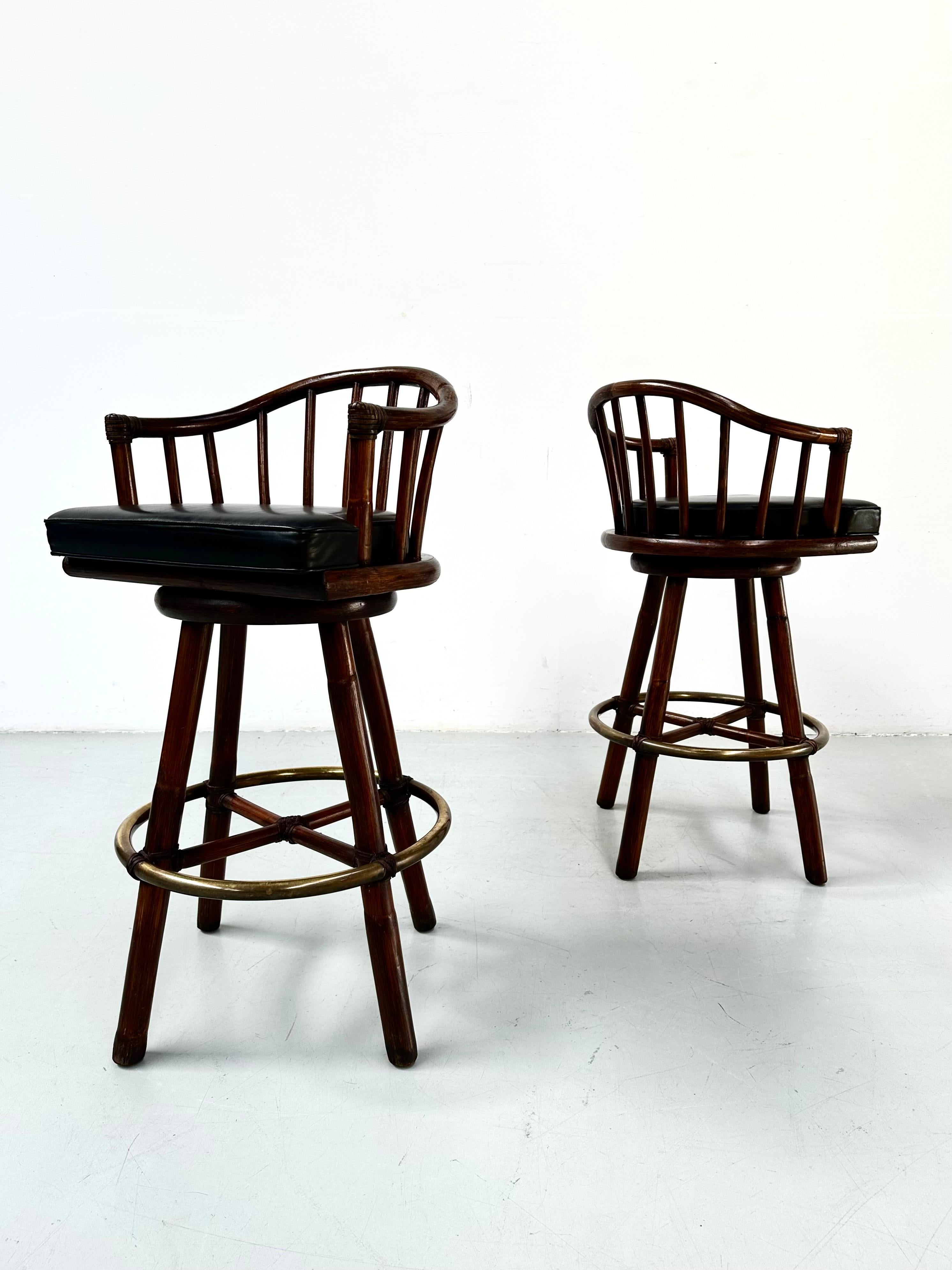 A pair of Bamboo Bar Stools with Brass by Hans Kaufeld for McGuire , 1970s. For Sale 14