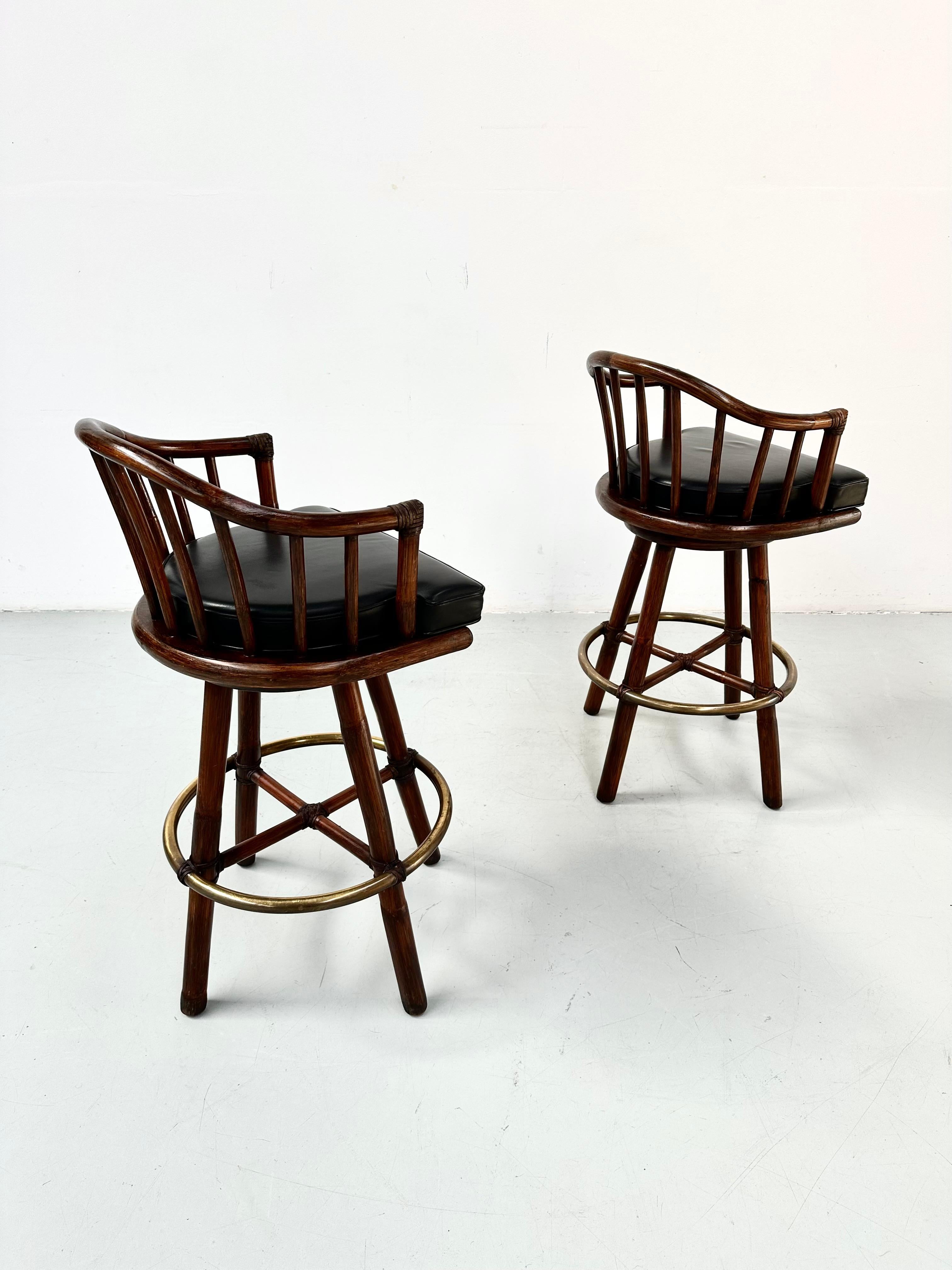 20th Century A pair of Bamboo Bar Stools with Brass by Hans Kaufeld for McGuire , 1970s. For Sale