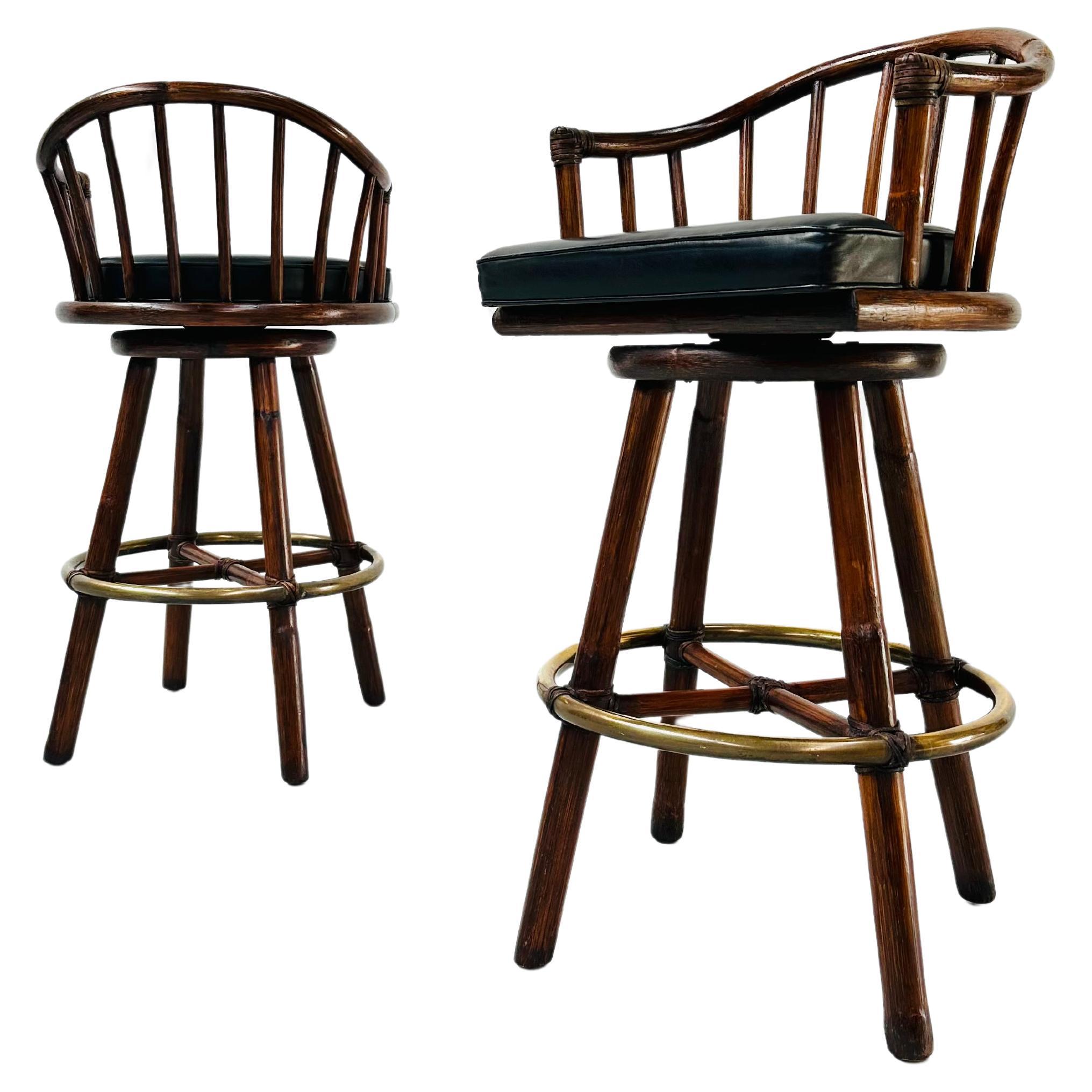 A pair of Bamboo Bar Stools with Brass by Hans Kaufeld for McGuire , 1970s. For Sale