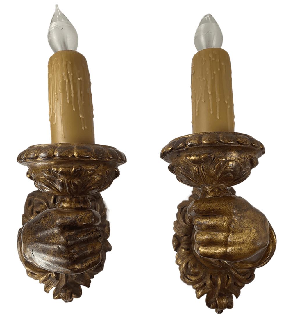 Pair of Baroque Wood Gilt 17th Century Italian Hand Carved Arm Sconces For Sale 1
