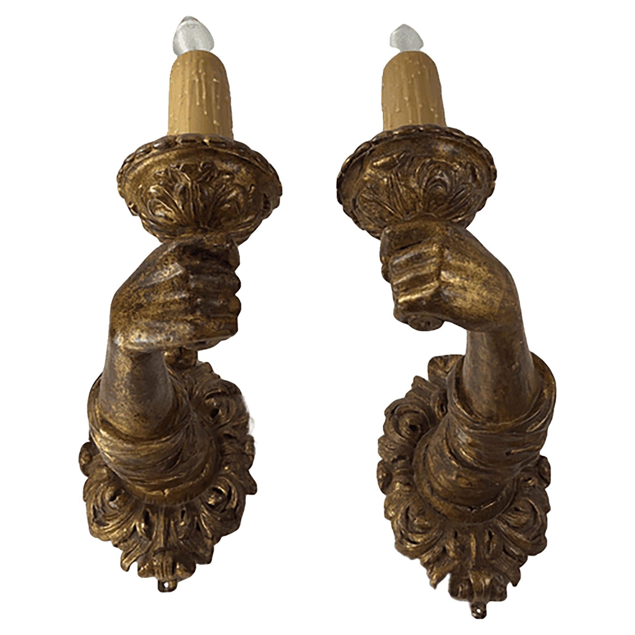 Pair of Baroque Wood Gilt 17th Century Italian Hand Carved Arm Sconces For Sale