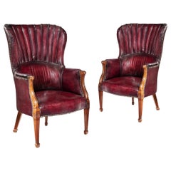 Pair of Barrel-Backed Mahogany Wing Armchairs