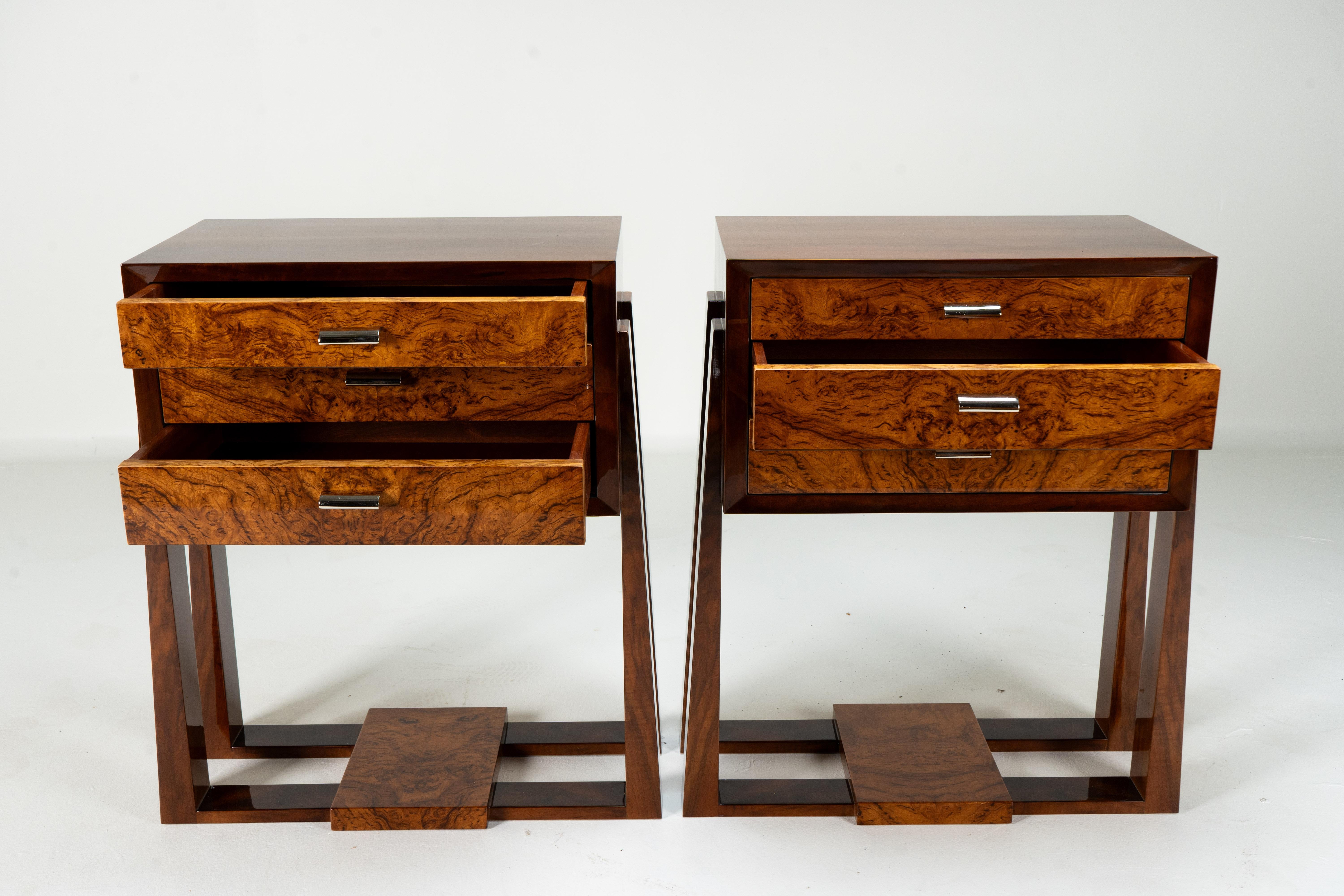 Hungarian A Pair of Bauhaus-Inspired Bed Side Chests With 3 drawers For Sale