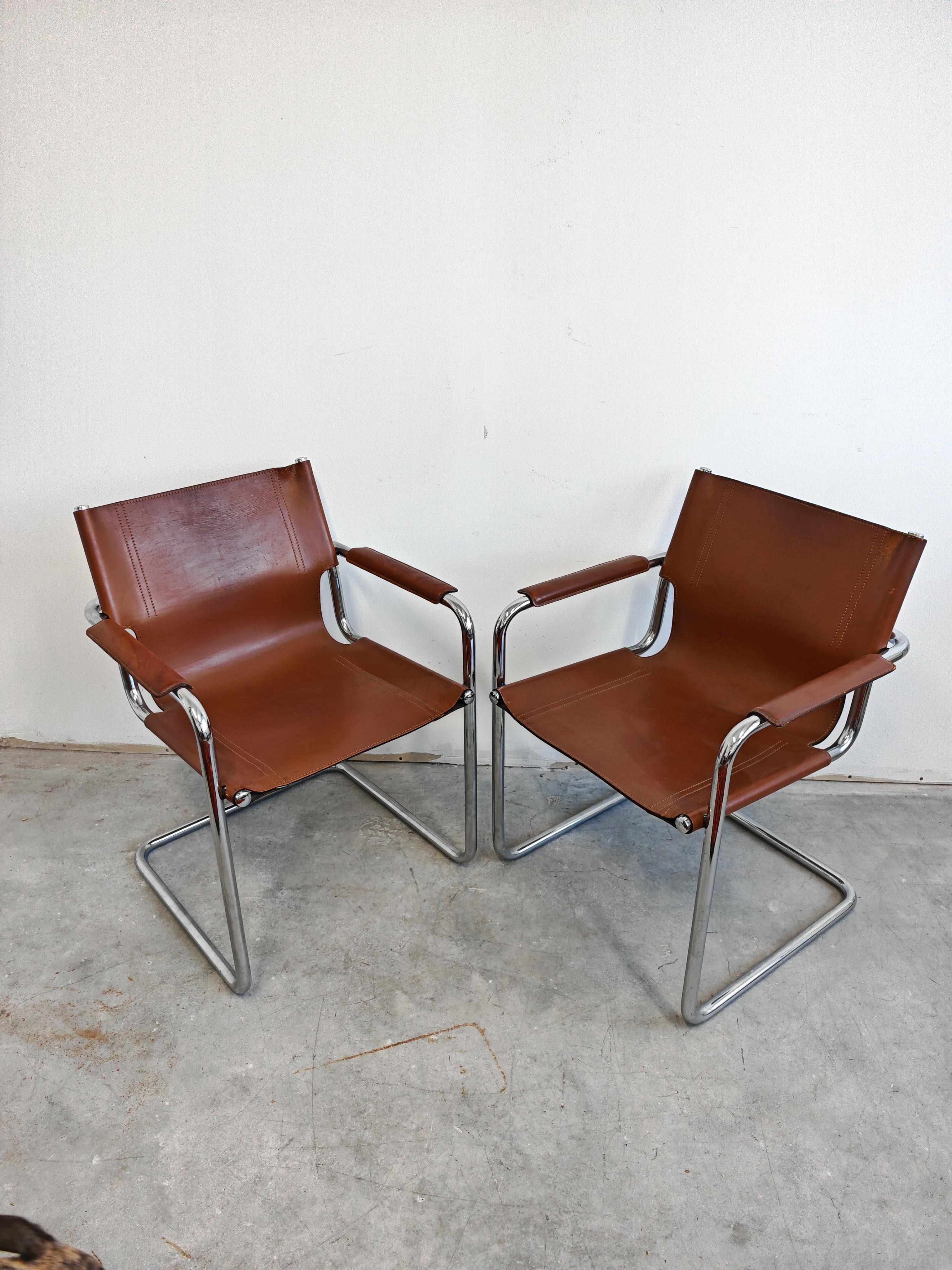 Italian A pair of Bauhaus Leather Visitor chairs by Mart Stam, produced by Matteo Grassi For Sale