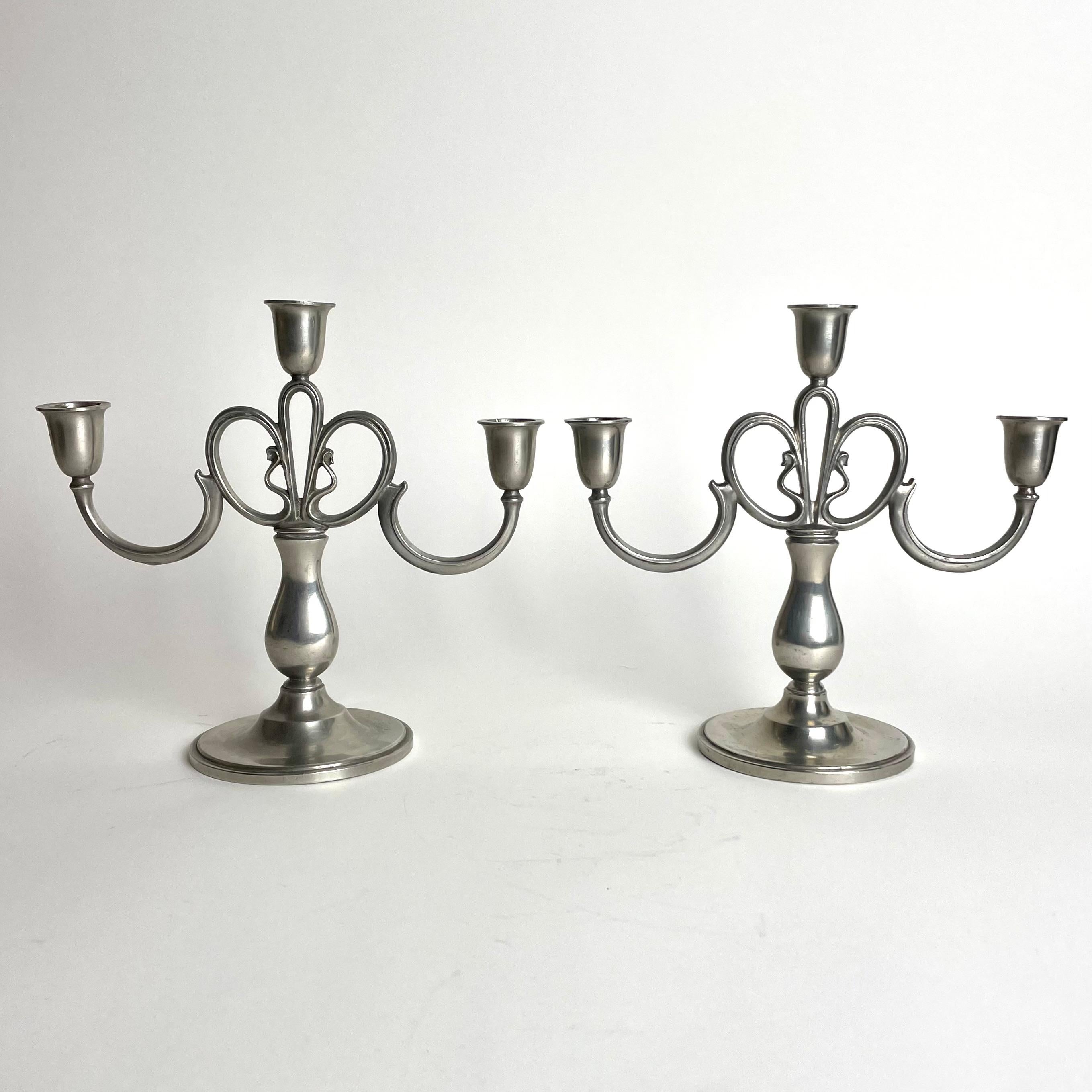 Art Deco A pair of beautiful Candelabras i pewter from GAB. Swedish Grace from 1935