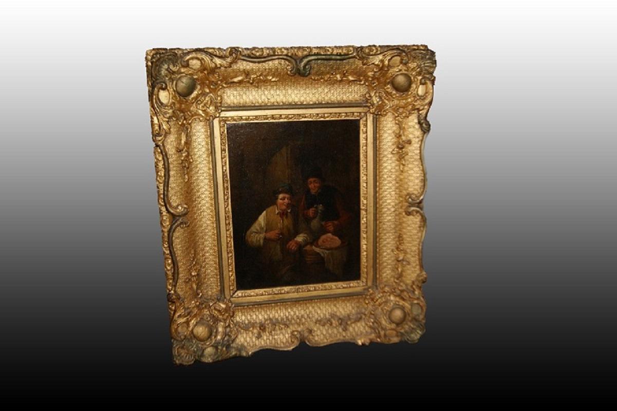 A pair of beautiful French oil on board paintings from the 1700s depicting interior scenes with characters portrayed while eating and drinking seated at a tavern table. Stunning contemporary gold leaf gilded frames.

Origin: France
Period: