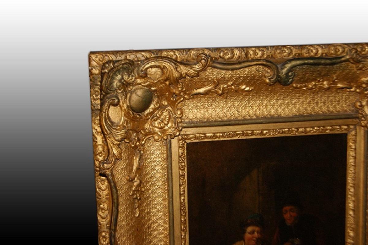 French Pair of Beautiful Paintings Depicting Interior Scenes with Characters from Th For Sale