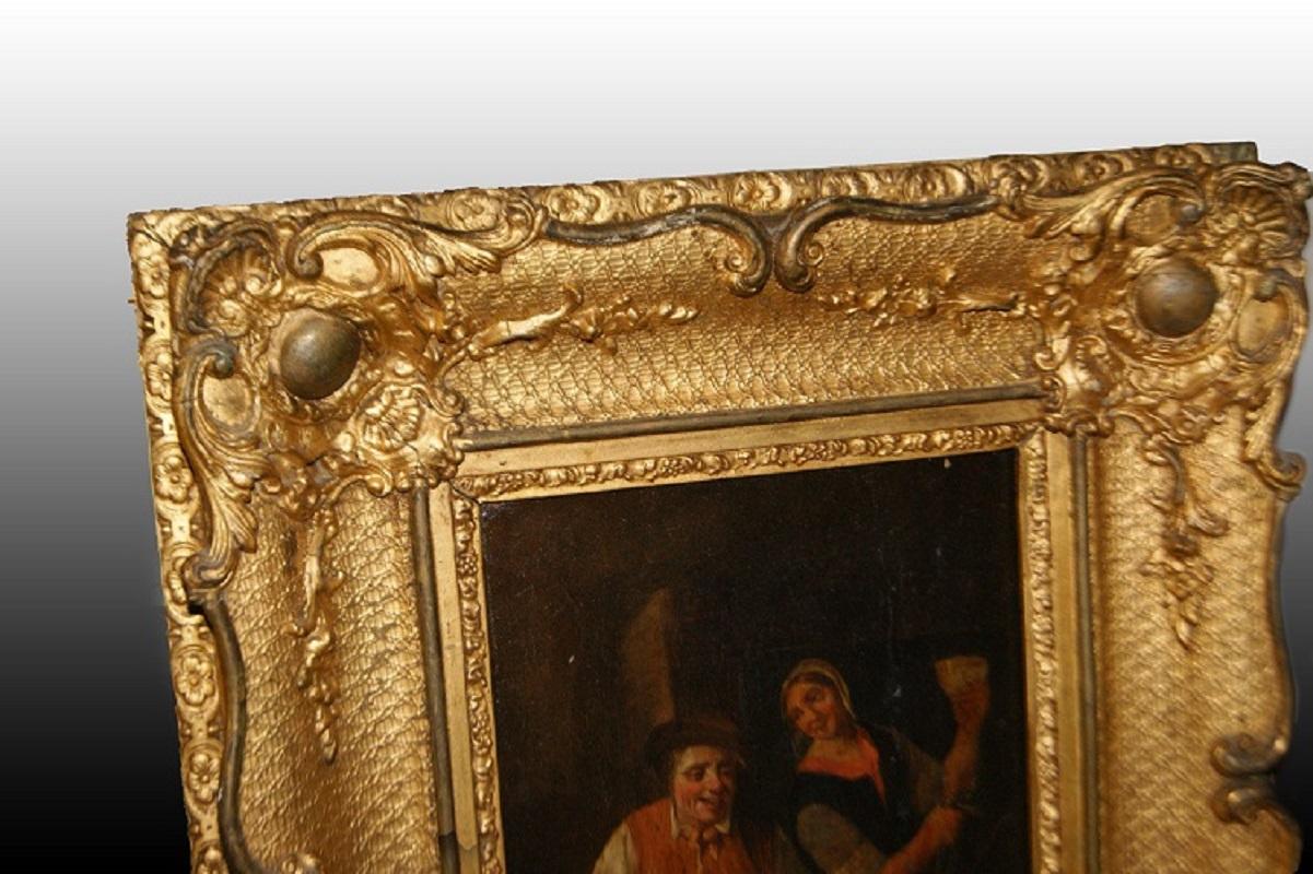 18th Century and Earlier Pair of Beautiful Paintings Depicting Interior Scenes with Characters from Th For Sale
