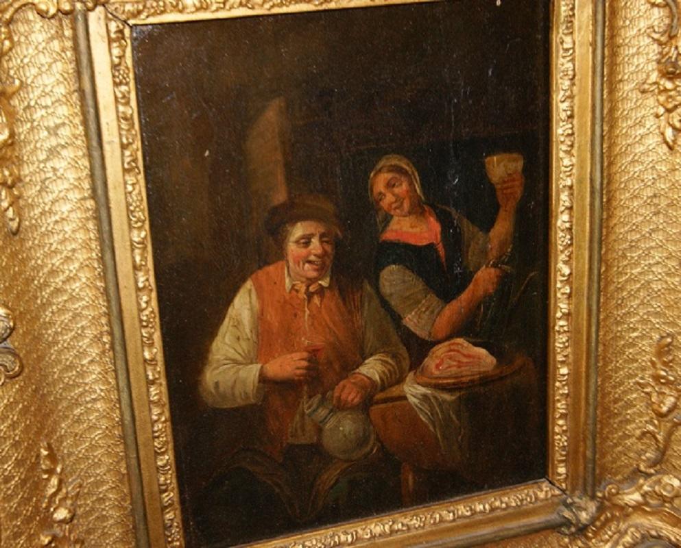 Canvas Pair of Beautiful Paintings Depicting Interior Scenes with Characters from Th For Sale