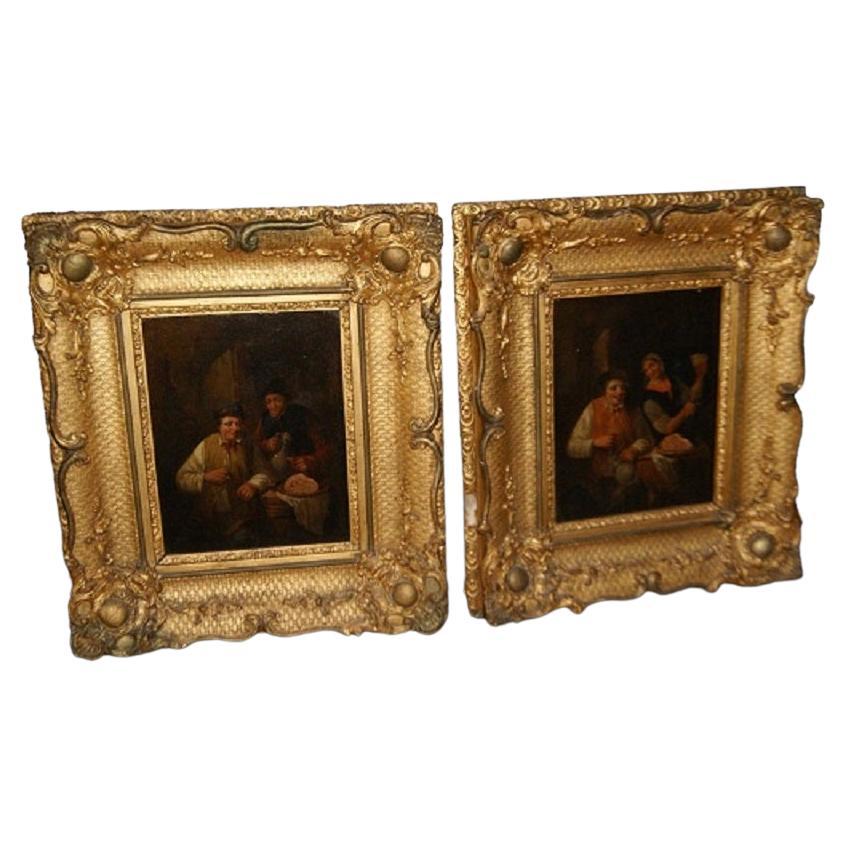 Pair of Beautiful Paintings Depicting Interior Scenes with Characters from Th For Sale