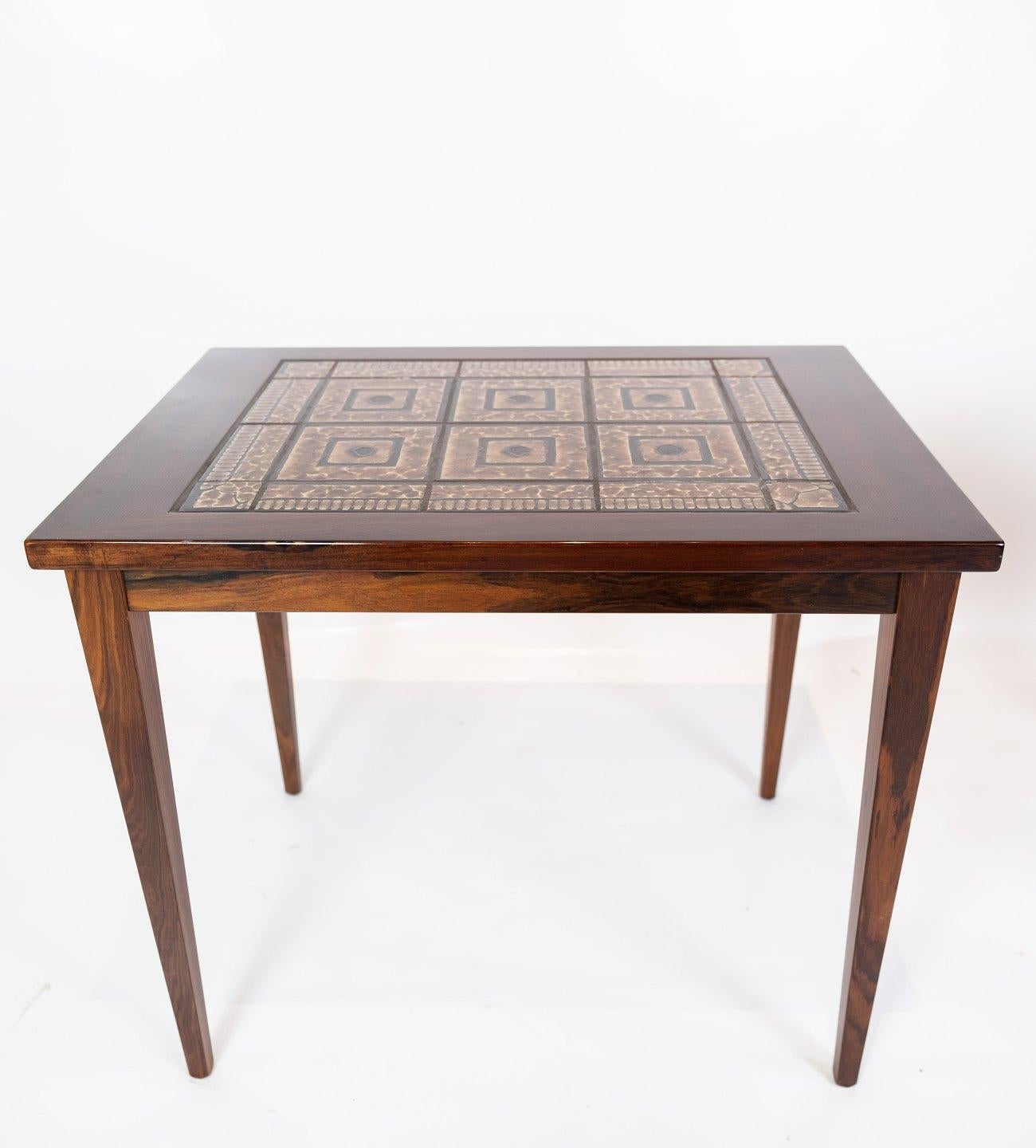 Scandinavian Modern Pair of Bedside Tables in mahogany with Brown Tiles of Danish Design, 1960s