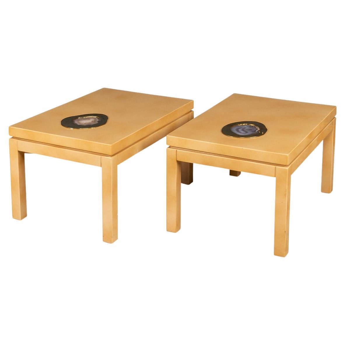 A Pair Of Belgian Lacquered Wood & Agate Side Tables By Willy Daro, c.1970 For Sale