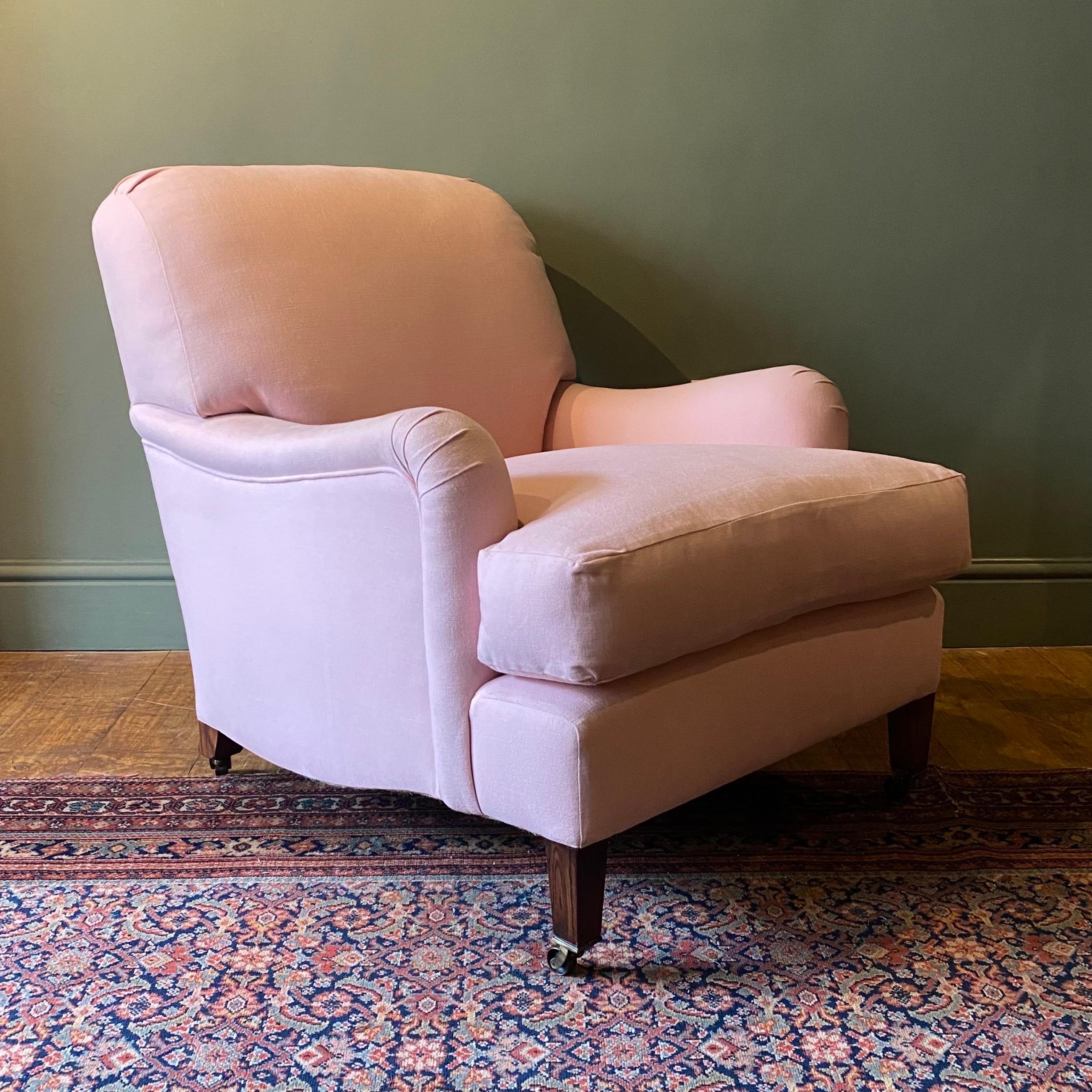 A beautiful pair of Angus armchairs by Noble. 

These chairs are part of our bespoke range and are a  direct copy of the Bridgwater armchair by Howard and Sons. These are made using traditional methods and materials carefully and sympathetically
