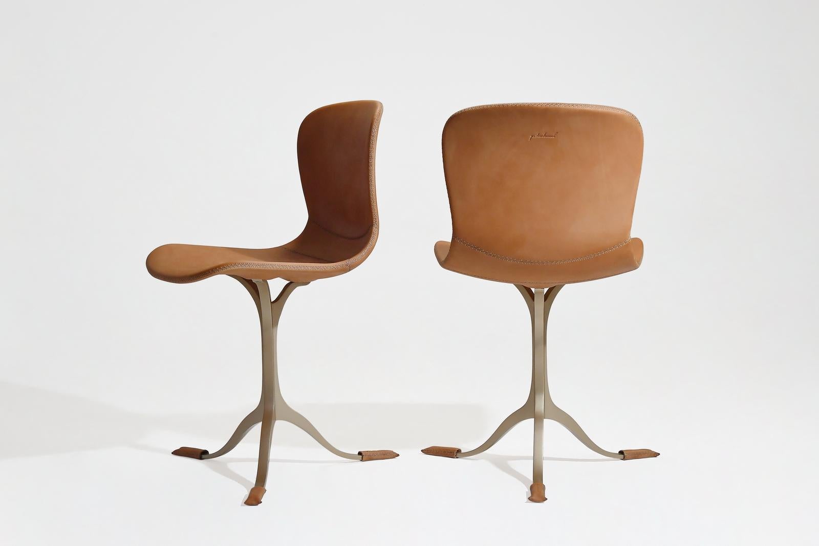 Mid-Century Modern Pair of Bespoke Leather Chair with Sand Cast Brass Base, by P. Tendercool For Sale